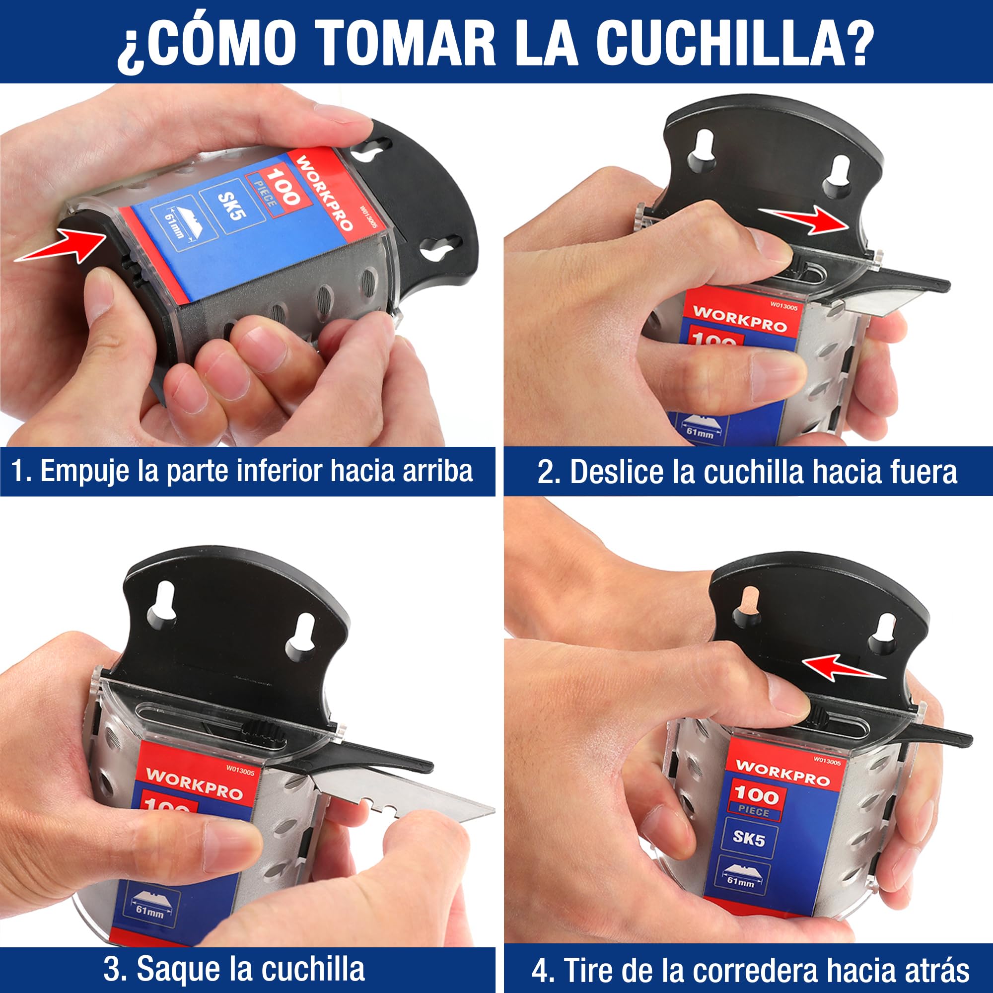WORKPRO Cuchillas de Recambio 100-piezas, Hojas para Cuter Profesional, Repuestos de SK5 Acero Inoxidable, Cuchillas para Cúter Cortador Cuchillo