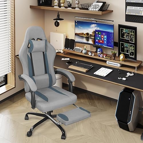 Miniatura 7 de Silla de juegos de tela transpirable con reposapiés, silla de juegos de altura ajustable, silla de videojuegos para sala de juegos, sala de estar y