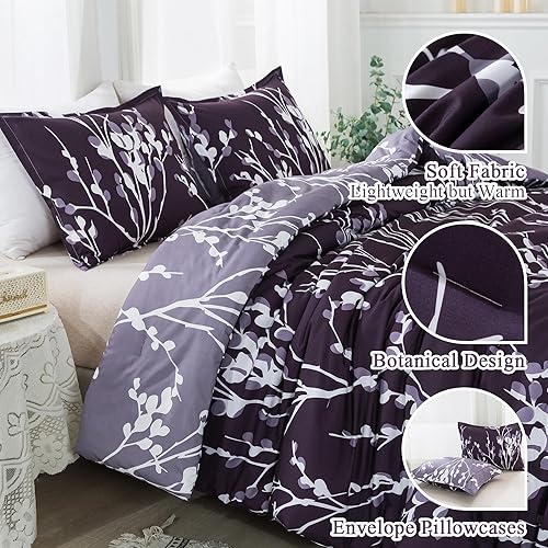 Miniatura 3 de Andency Juego de edredón morado tamaño matrimonial (79 x 90 pulgadas)  Juego de cama reversible de 3 piezas de microfibra suave y ligera con ramas