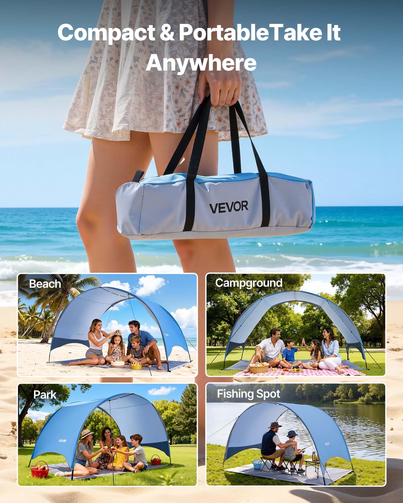 VEVOR Przenośny namiot plażowy Pop Up dla 4 osób z torbą transportową i śledziami, lekki i kompaktowy parasol plażowy na kemping, wędkarstwo, piknik, wakacje na plaży