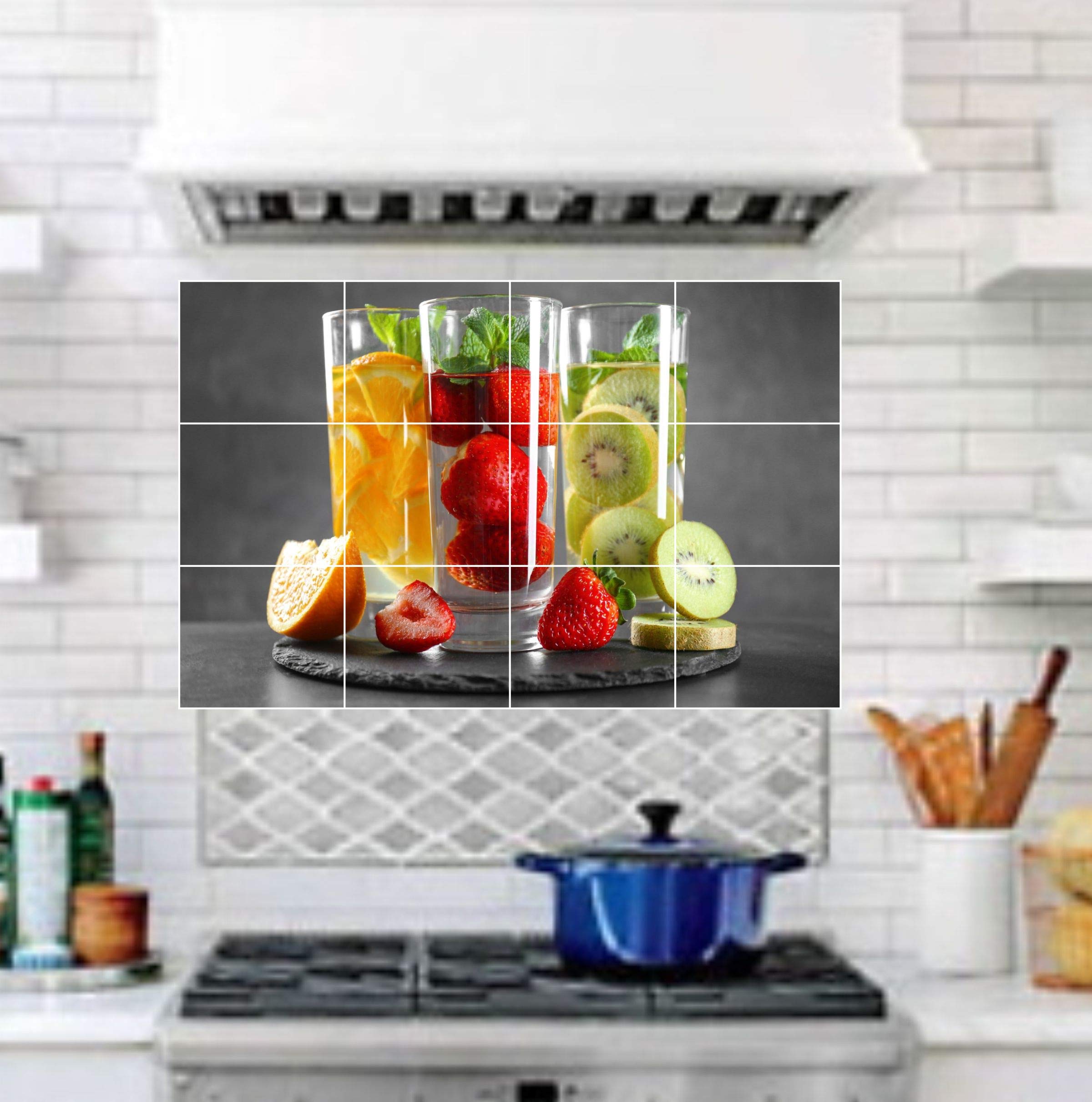 Strawberry,Kiwi,Orange in Water Glass Kitchen Wall Sticker,Waterproof and Anti Oil Stain,Kitchen Wall Coverings Area (55Cm X 86Cm)