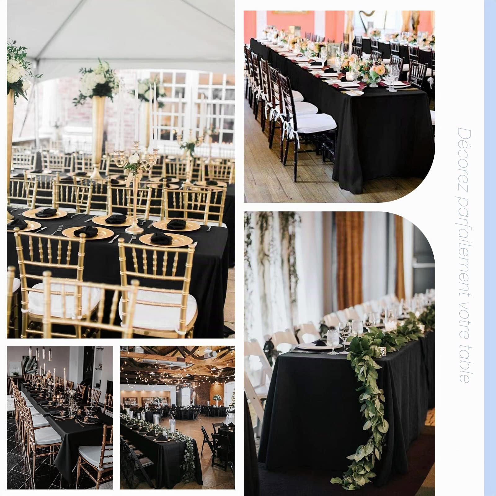 Lot de 8 nappes en polyester noir-Nappe rectangulaire noire de 153 x 260 cm pour tables rectangulaires de 6 pieds/1,8m, couverture de table en tissu lavable pour mariage/buffet/table à manger