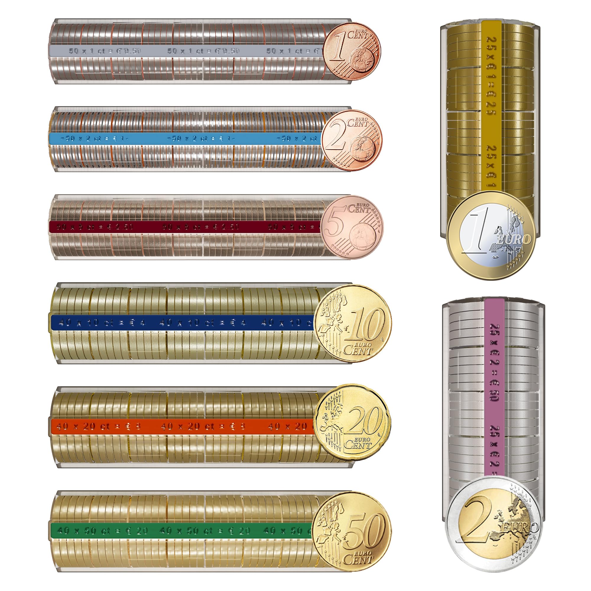 Blister Monedas Pack de 120 Cartuchos - Clasificador de Monedas Para Euros y Céntimos - Porta Monedas Homologados y Reforzados (15 Blisters por Moneda)