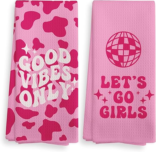 Let's Go - Juego de 2 toallas de baño con bola de discoteca de color rosa intenso, paños de secado absorbentes para niñas, toallas de té para