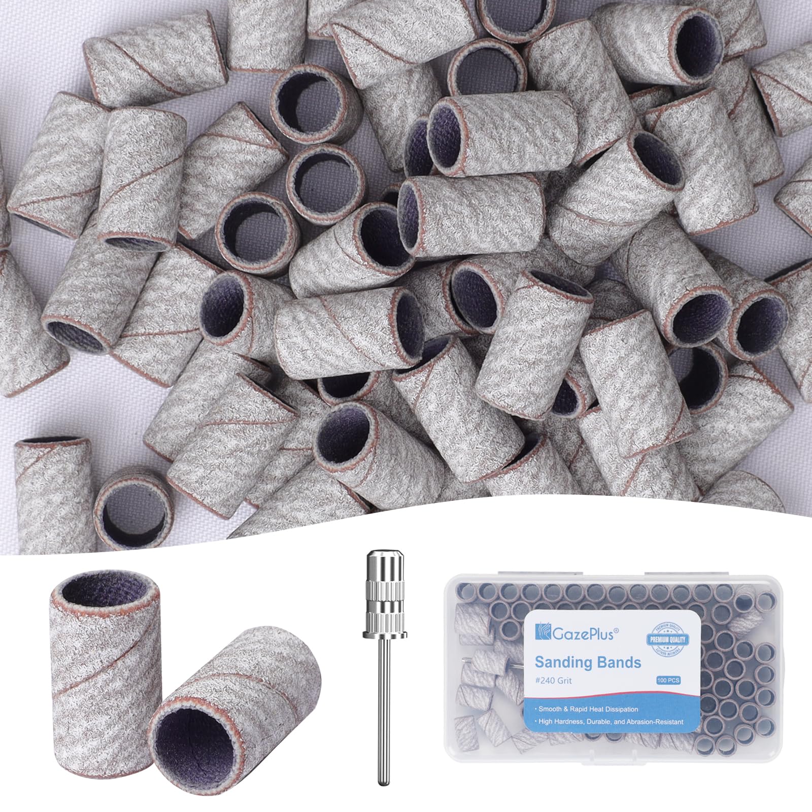 GazePlus 100 Pcs Sanding Bands for Nail Drill with 1 Piece 3/32" Mandrels Nail Drill Bit 240 Grit Disposable Nail Sanding Bands for Acrylic Nails Gel