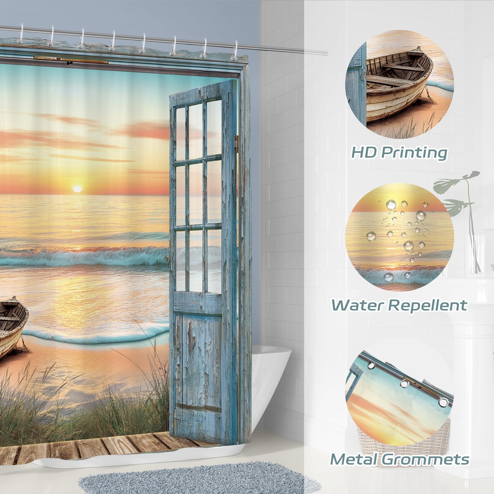Outdoor Garden Shower Curtain, Summer Beach Palm Tree Ocean Seascape Through White Wooden Windows Tropical Island Blue Green Bath Curtain, Waterproof Bathroom Decor With Hooks, 180X180cm/ 71X71 In - View #8