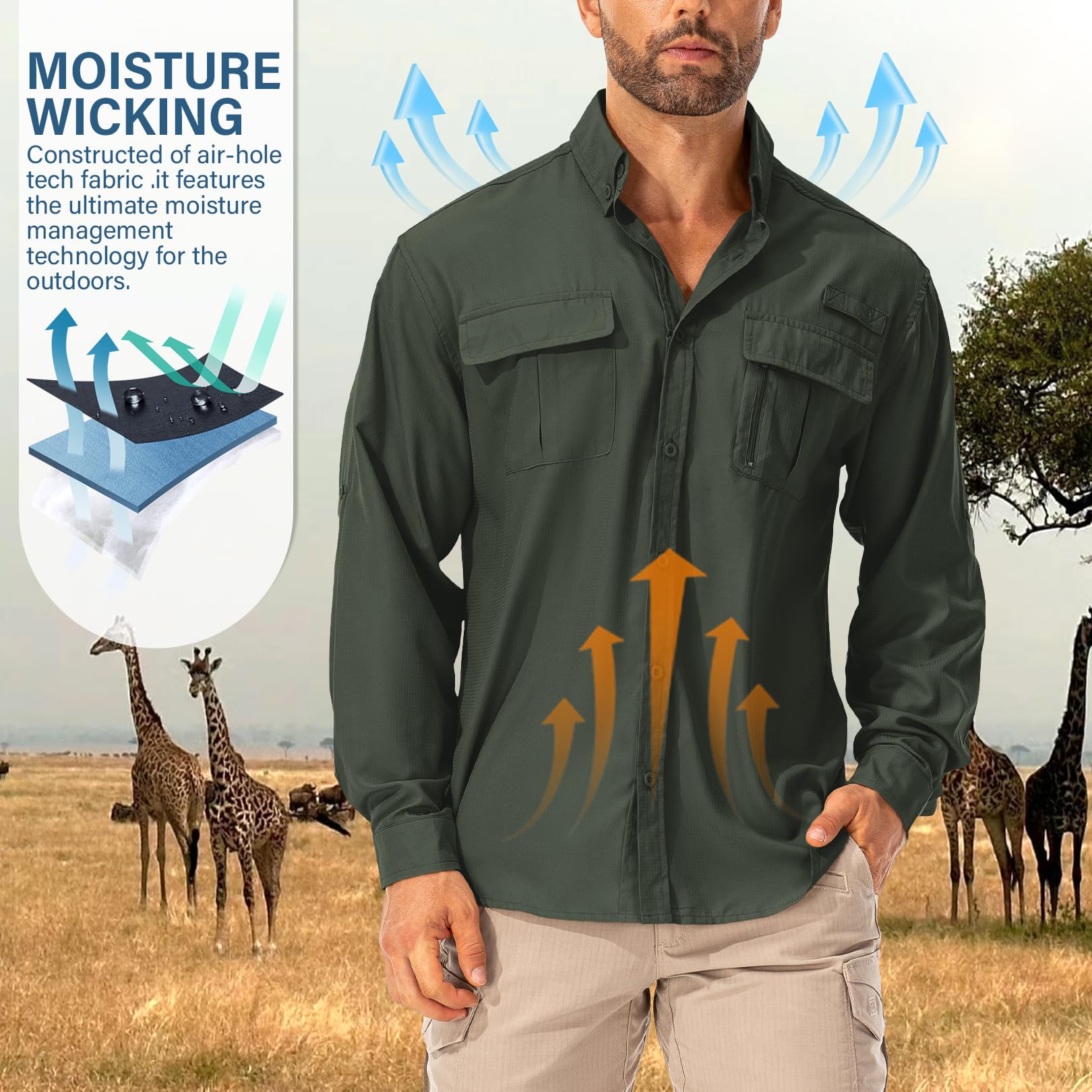 Camisa para hombre Safari UPF50+ protección UV, camisa de senderismo de manga larga, camisa funcional para exteriores, transpirable, de secado rápido, informal, con botones