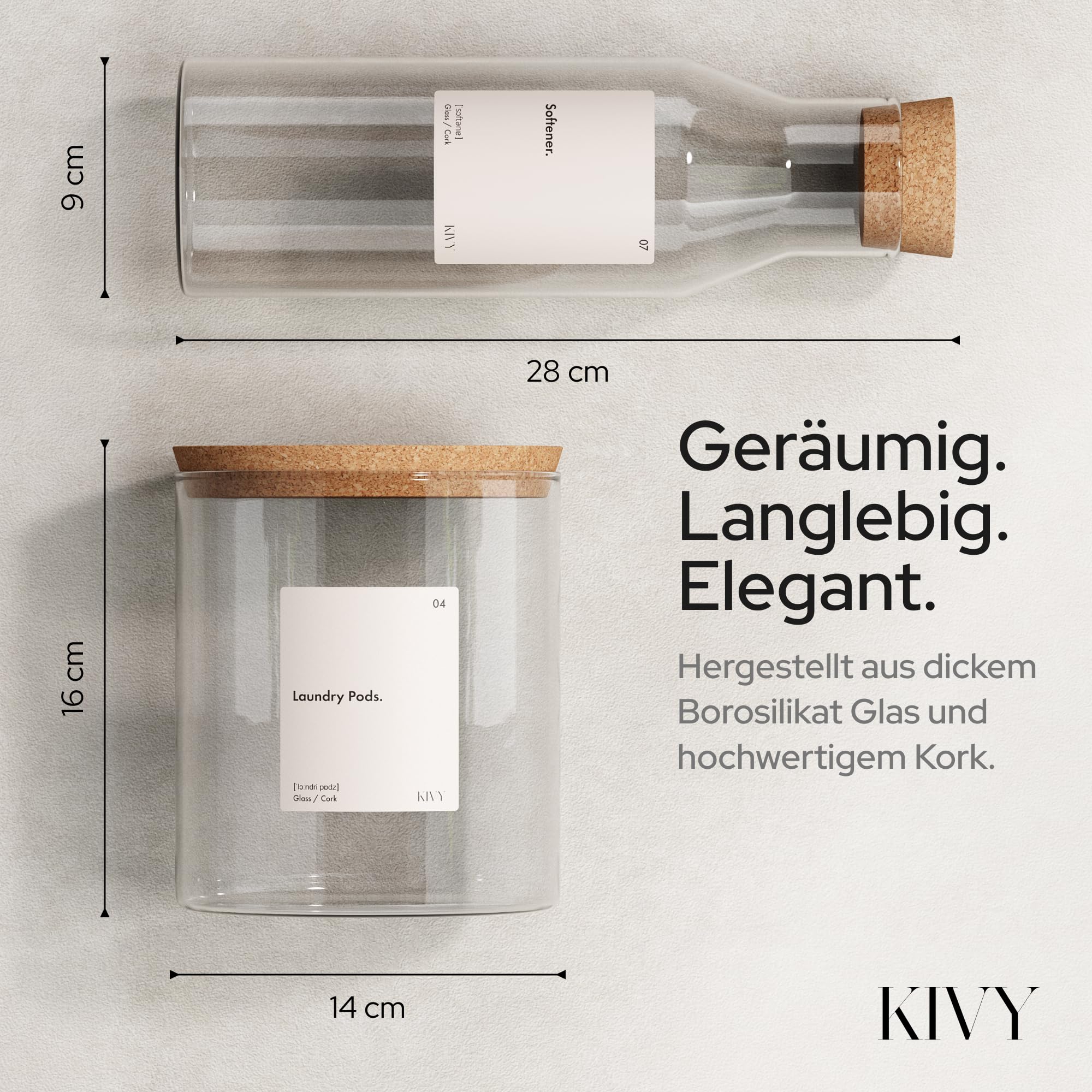 KIVY Glas Waschmittelspender 4er Set mit Etiketten - Weichspüler Aufbewahrung Waschmittel Aufbewahrung Flüssig - Flüssigwaschmittel Spender