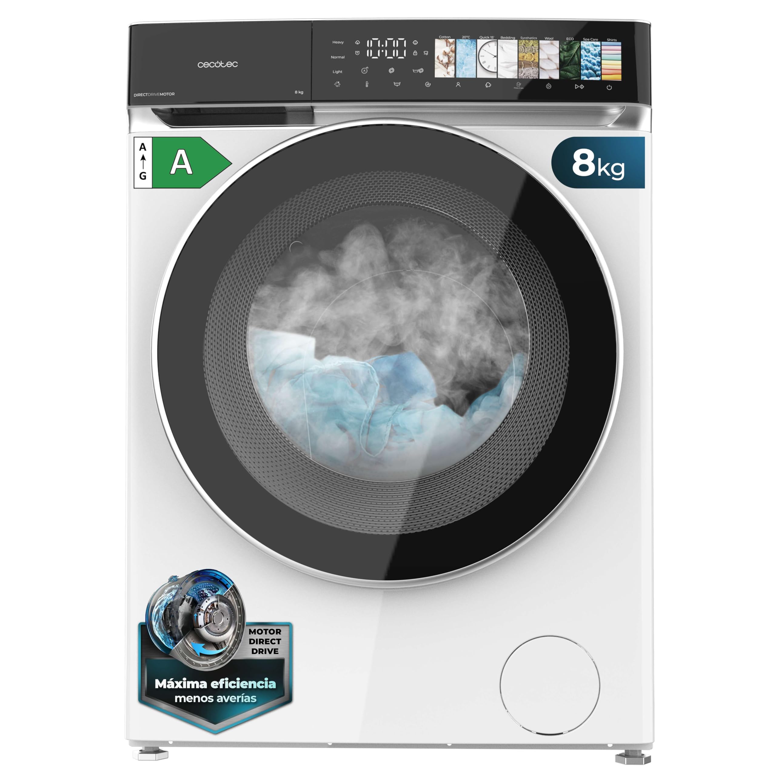 Cecotec Lavadora 8Kg Carga Frontal Bolero DressCode 8970 Direct Drive. Motor Direct Drive, 1400RPM, 11 Programas, PantallaFullColor, Puerta XXL, Función Vapor, Luz Interior, Stop&Go, Blanco