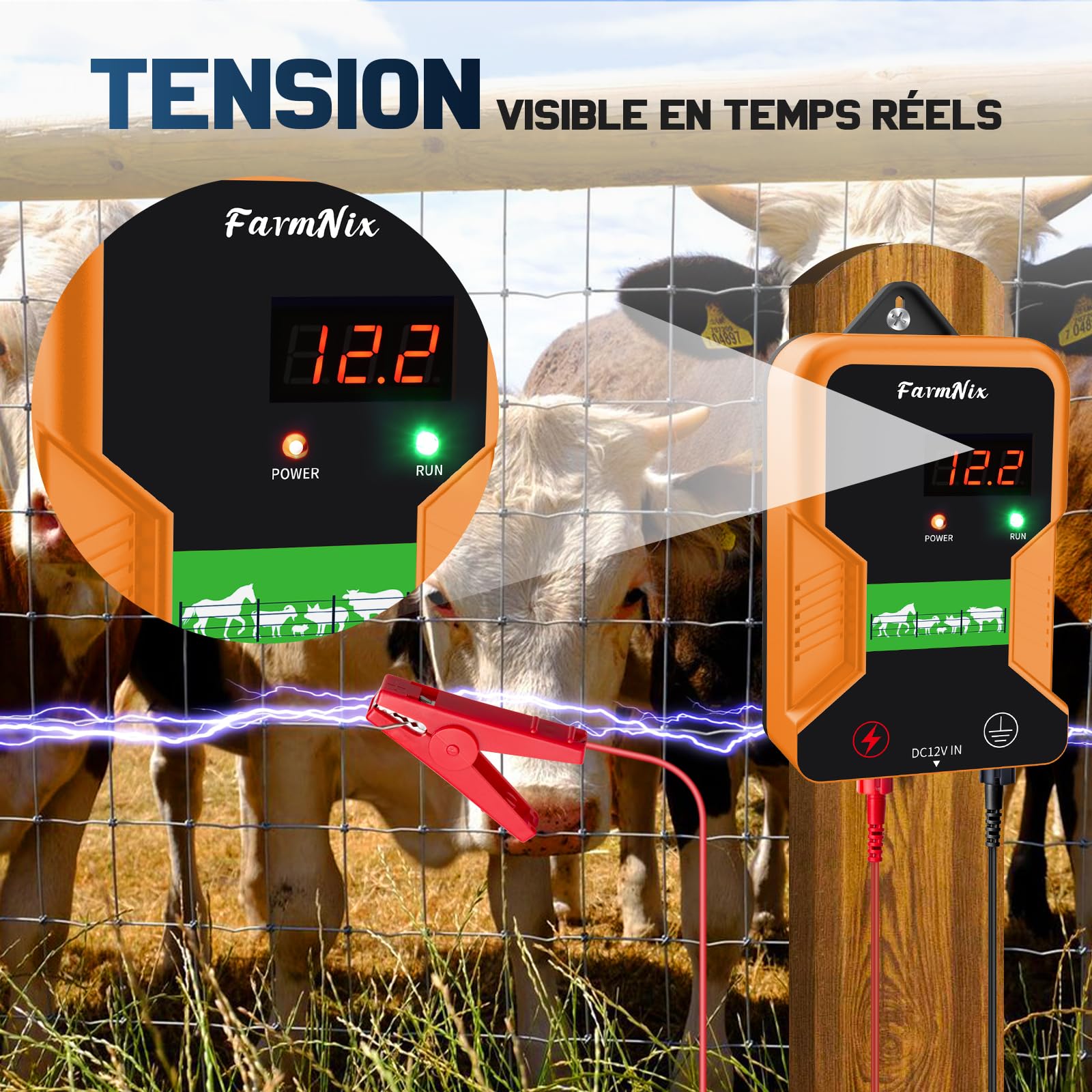 15KM Clôture Électrique pour Bétail Animaux, Électrificateur de Clôture Électrique, Haute Puissance 12V 2.0J 10 Miles, Protection pour Chevaux Bovins Vache Moutons Volaille Ferme Jardin Pâturages