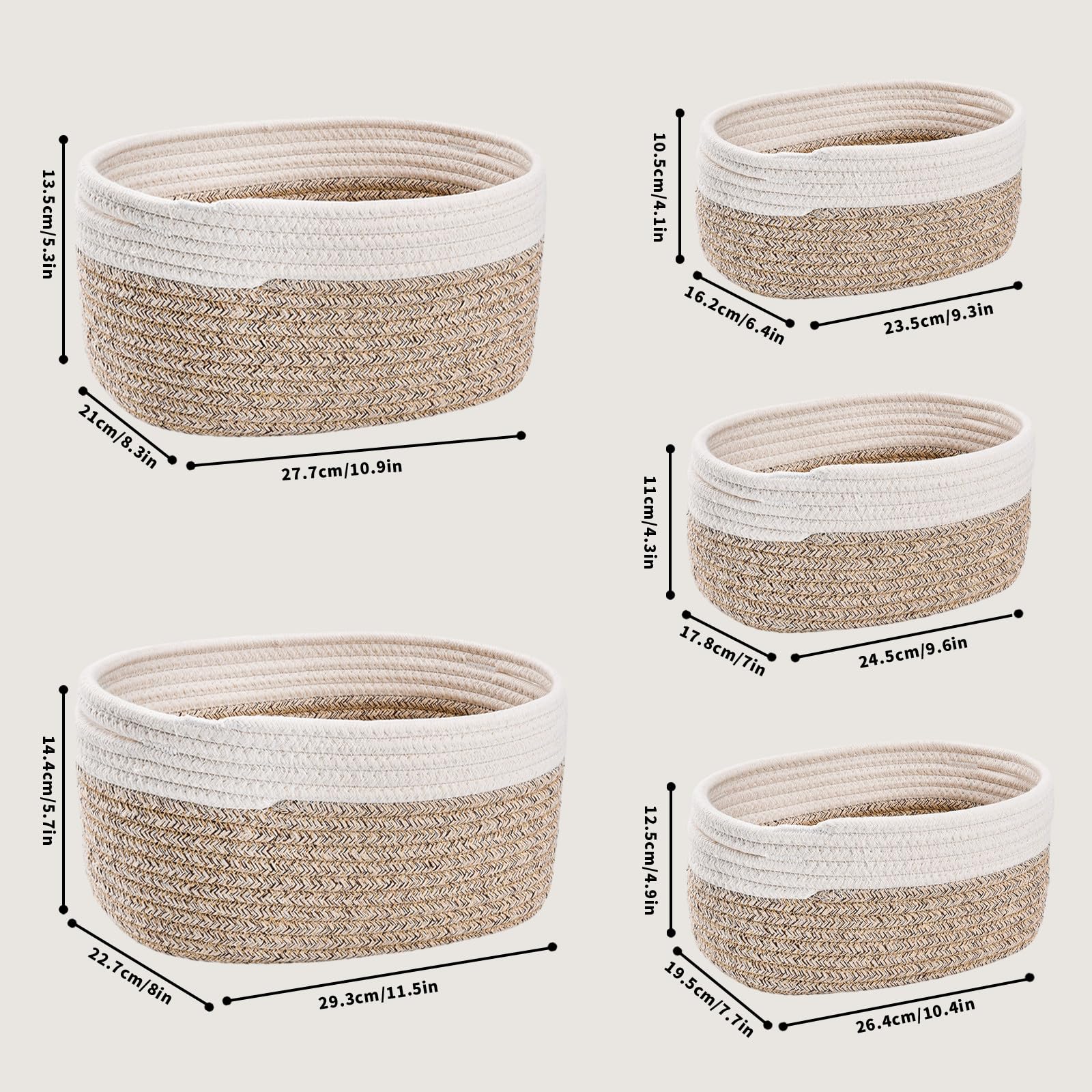 Lot de 5 petits paniers de rangement tissés en coton pour l'organisation, paniers de rangement pliables avec poignées pour le salon (blanc/marron)
