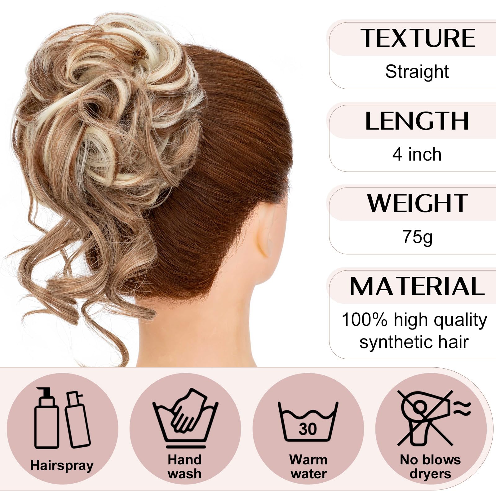 SEGO Tousled Updo Hair Bun Donut Synthetic Thick Hair Chignon 78G Claw Messy Bun Hairpieces Wavy Curly, Light Brown & Bleach Blonde - Image 4
