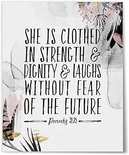 Proverbs 31:25, She is clothed in strength and dignity, Modern Christian Wall Art For Women, Bible Verse Decor, Scripture Print, 8" x 10" Poster UNFRAMED