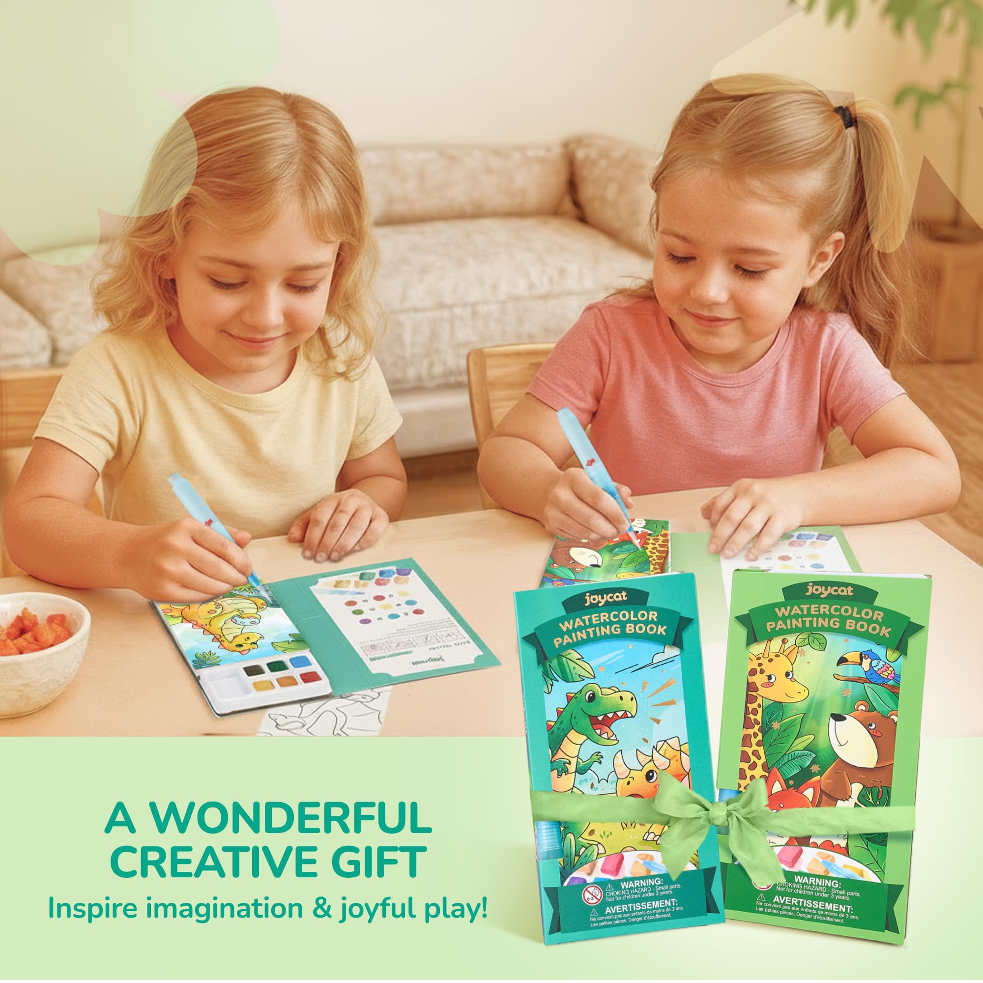 JoyCat Set da 2 Libri da Colorare con Acquerelli per Bambini, Set di Attività Creative e Artistiche, Kit Creativo da Viaggio e Casa, Regali per Ragazze e Ragazzi da 3 a 8 Anni (Verde Chiaro & Verde)