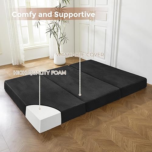 Miniatura 4 de BYBYME Colchón de pana plegable de tres pliegues, cubrecolchón plegable de gel de 6 pulgadas, almohadilla plegable suave para cama de invitados y