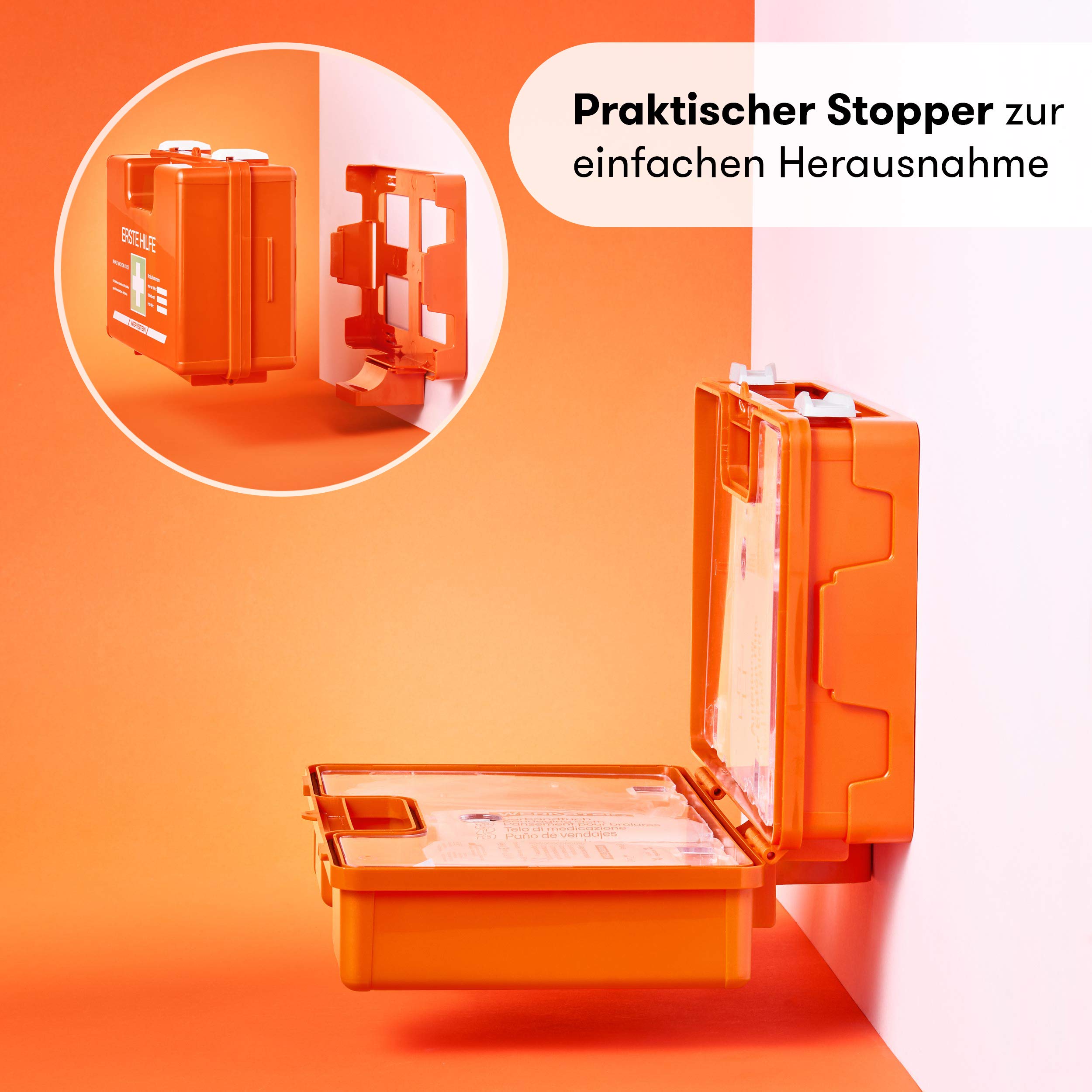 Erste Hilfe Kasten DIN 13157:2021 I Inkl. Beatmungstuch, praktischer Wandhalterung, 5x Aufkleber & Plombe I Erste Hilfe Koffer für Betriebe, Einrichtungen & Zuhause I Verbandskasten