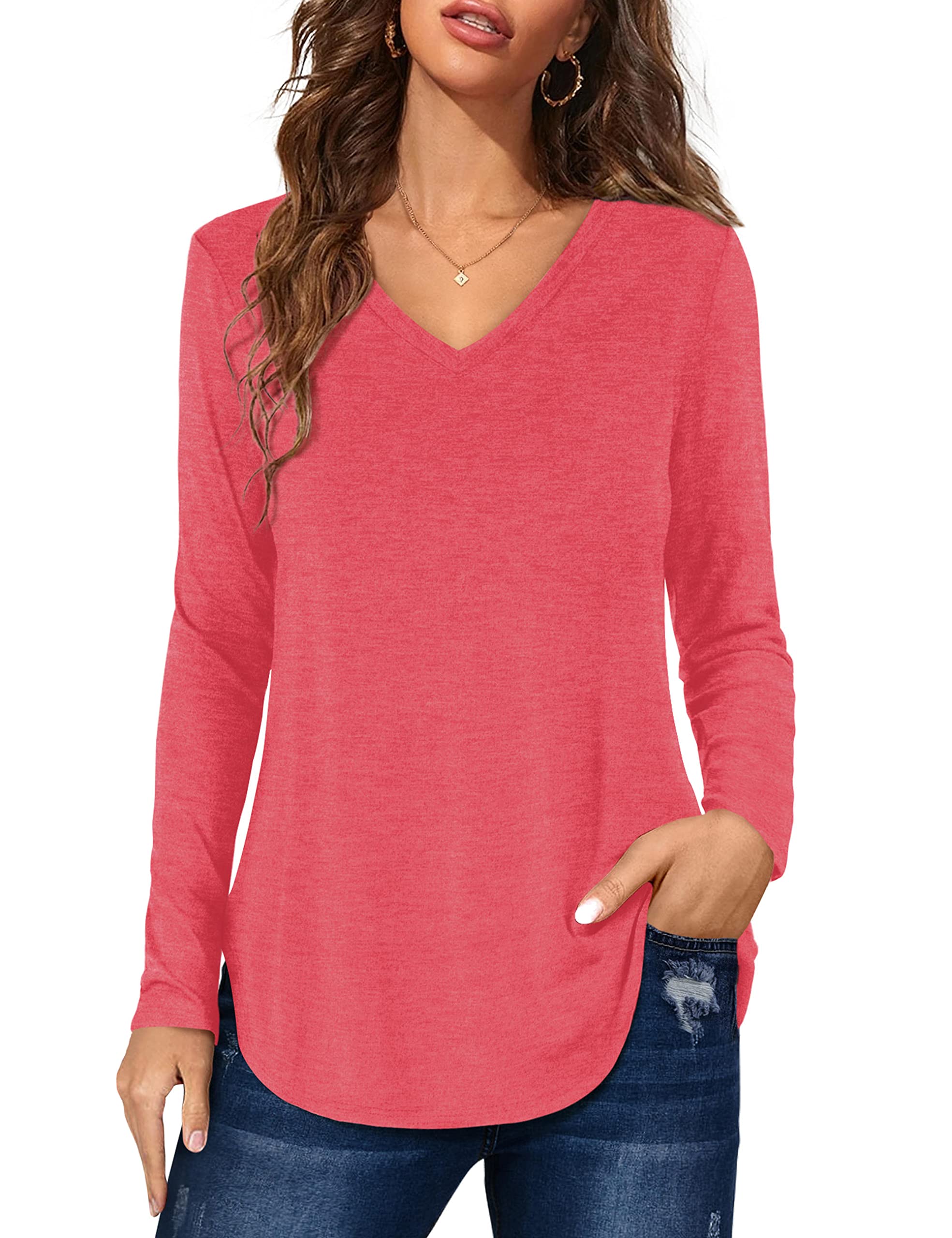 Florboom Tunika Damen Langarm/Kurzarm V Ausschnitt Oberteil Shirts Basic Casual Longshirt