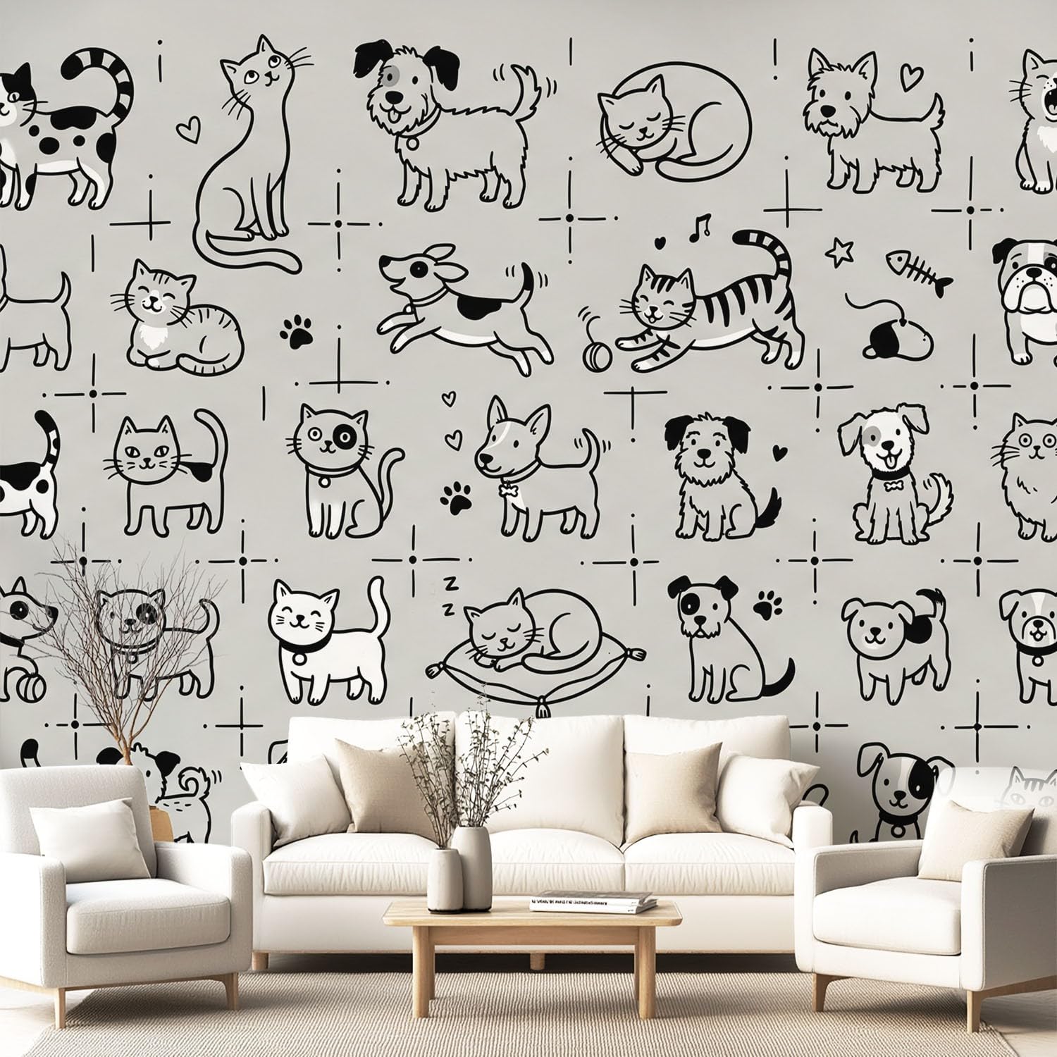 Tapisserie chien chat lignes pour transformer un mur blanc en fresque artistique