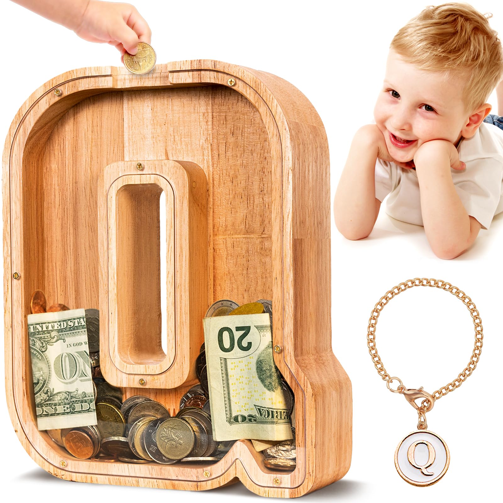 Summidate Boys Alphabet-Q Wooden Letter Money Box For Kids, Personalised Piggy Bank For Girls Toddler, Alphabet Q Coin Money Bank For Birthday Children's Day Gift