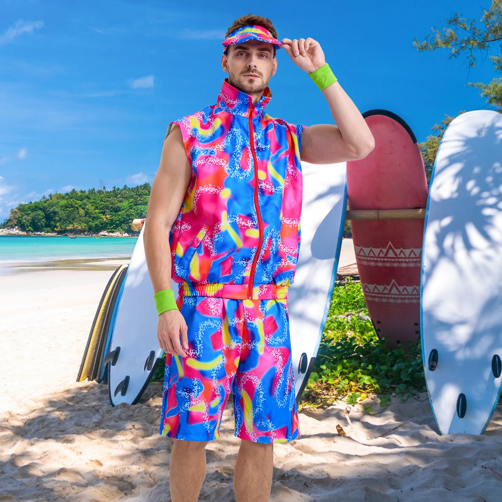 Traje de Los 80 para Fiesta Temática Masculina: Disfraz de Carnaval para Ken - Traje de Neón, Ropa Deportiva para Adultos