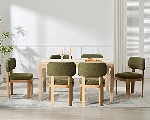 Wahson Green Upholstered Dining Chairs Set of 6, Mid Century Modern Fabric Dining Room Chairs with Hardwood Legs and Padded Back, Farmhouse Kitchen Chair Cozy Accent Chair