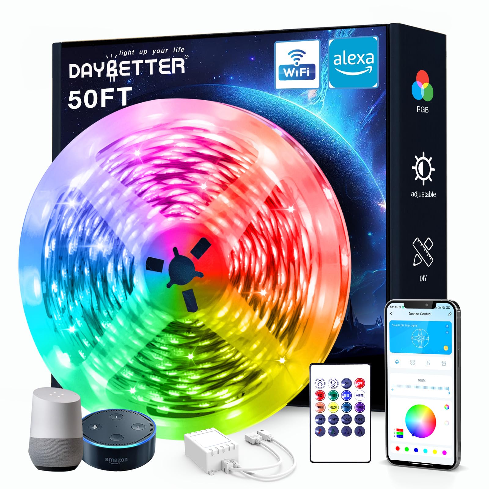 DAYBETTER 50 ft Smart WiFi Led Lights, Led Strip Lights Compatible with Alexa and Google Assistant, App Voice Remote Control Music Sync Color Changing RGB Strip Lighting for Bedroom Room Decor