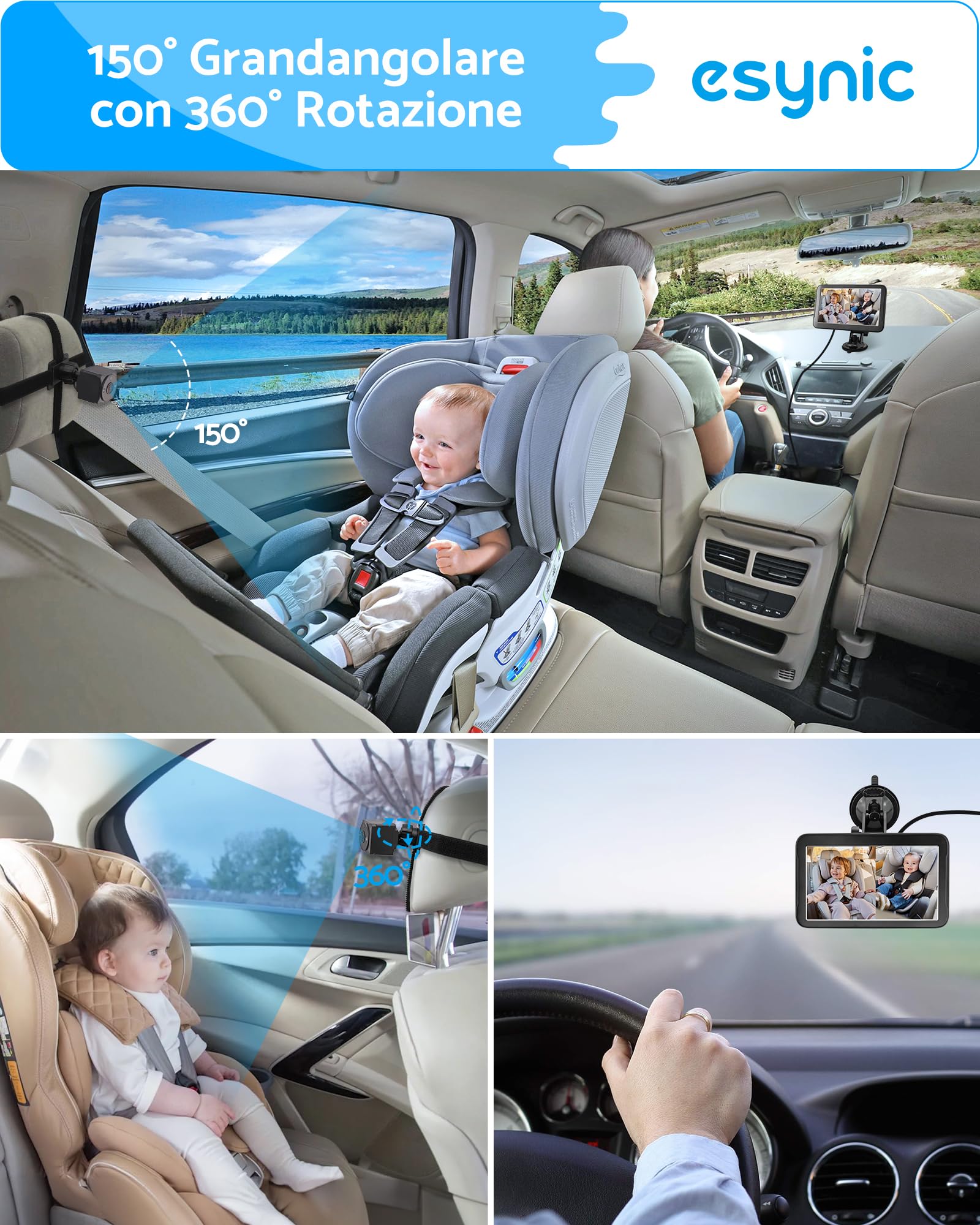 eSynic Baby Car Monitor con Doppia Telecamera 1080P Grandangolare 150°, 7'' Schermo IPS, Visione Notturna IR, Specchietto Retrovisore a Ventosa Controllo Bimbi, Alimentato da Accendisigari
