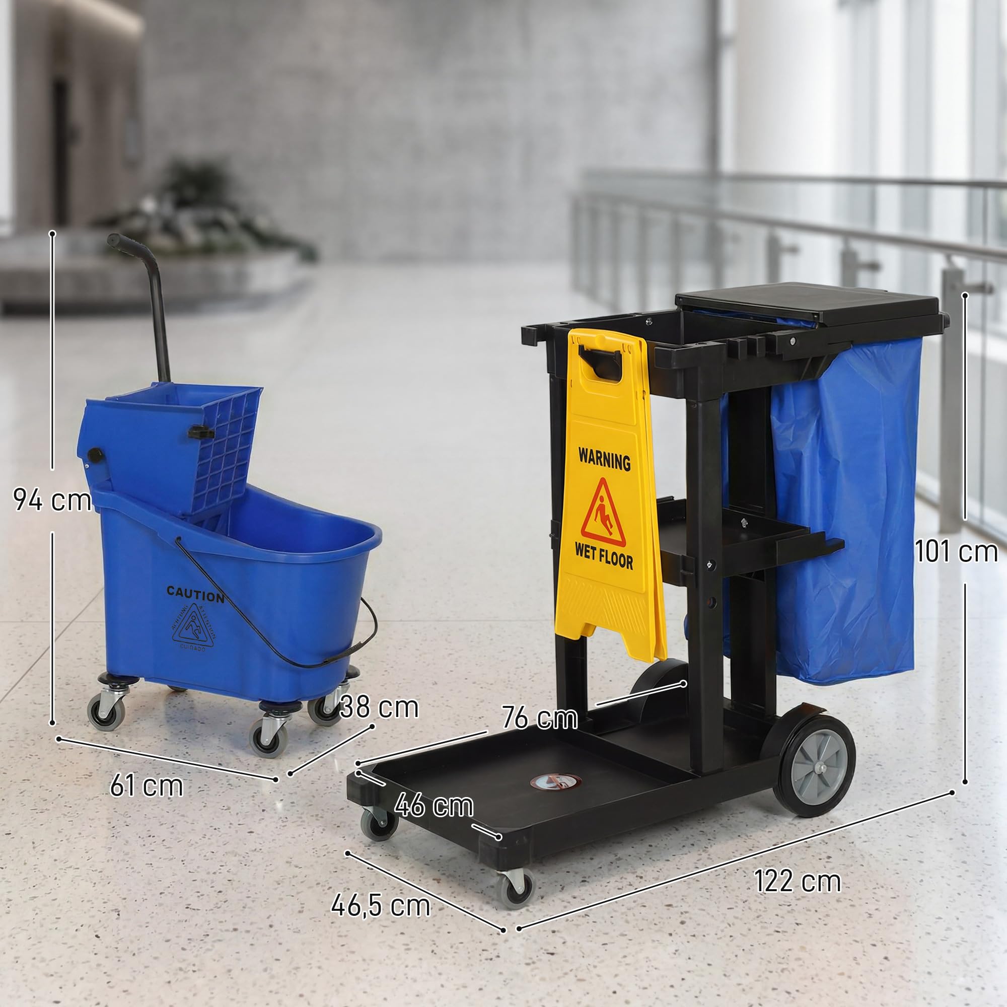 HOMCOM Putzwagen Reinigungswagen 3 Ebenen 70 L Müllsack mit Abdeckung Rollen Moppeimer mit Presse Werkzeughaltern Warnschild 122x46,5x101 cm