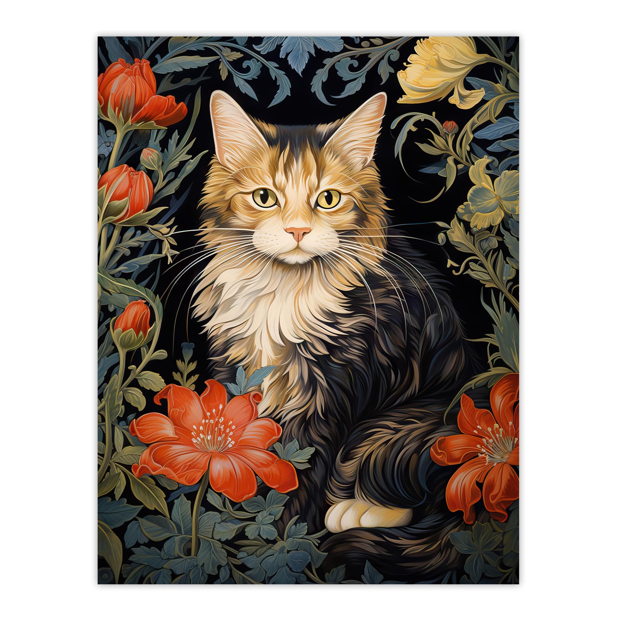 Artery8 Stylish Maine Coon Cat Flowers Floral Design Illustration William Morris Style Extra Large XL Wall Art Poster Print