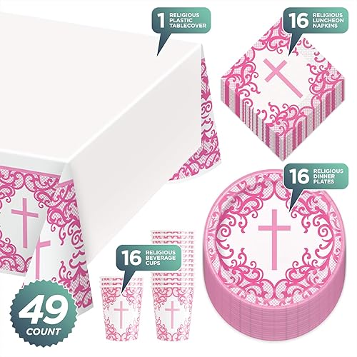 Miniatura 2 de Fancy Pink - Paquete de cena con cruz religiosa, platos de papel, servilletas de almuerzo, tazas y cubierta de mesa (sirve para 16)
