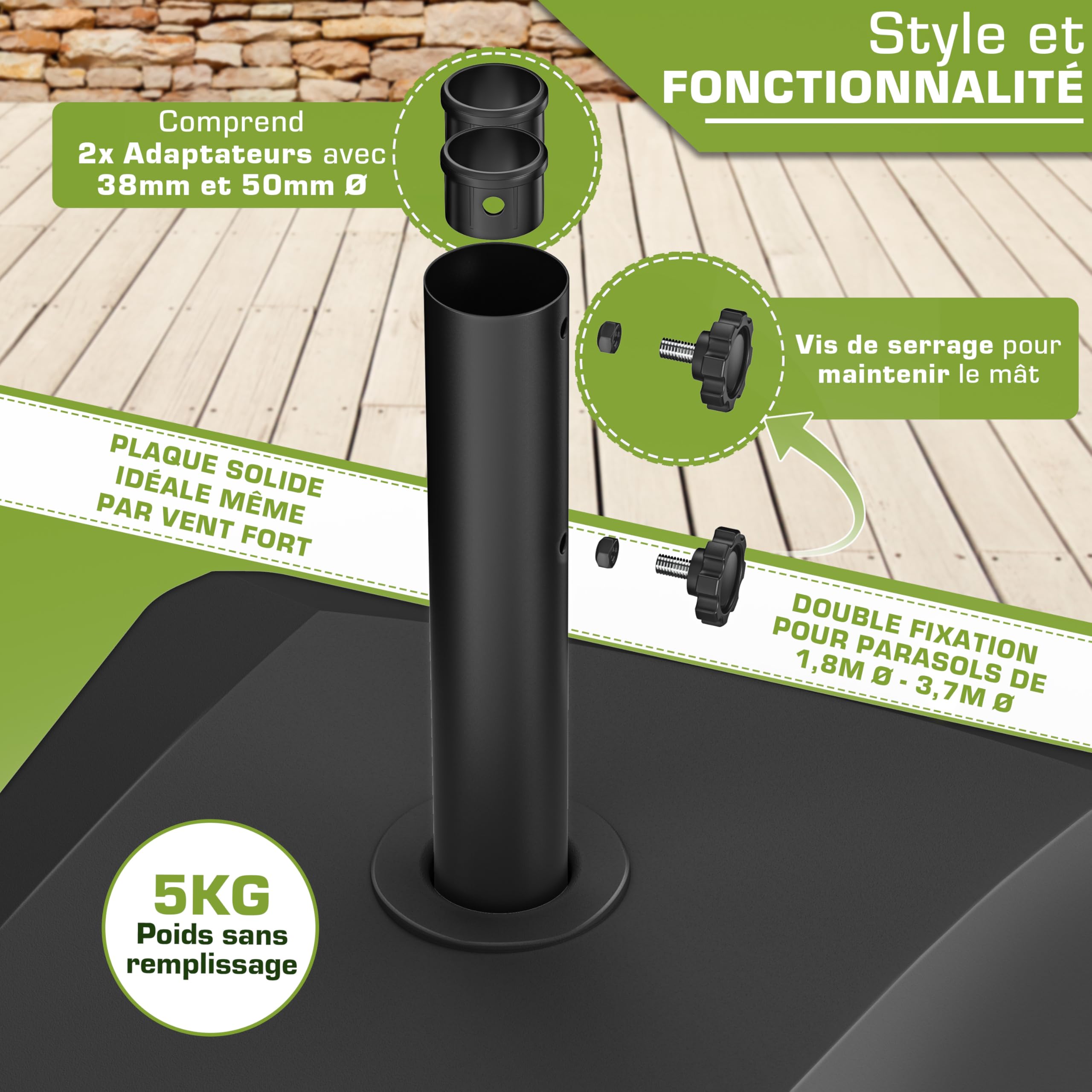 tillvex® Pied de Parasol GRAVIA à roulettes et Freins | Support de lestage Parasol à remplir 37L/56kg | Poids pour Parasol Droit et de marché Ø1,8-3,7m | Résistant aux intempéries et UV (Noir)