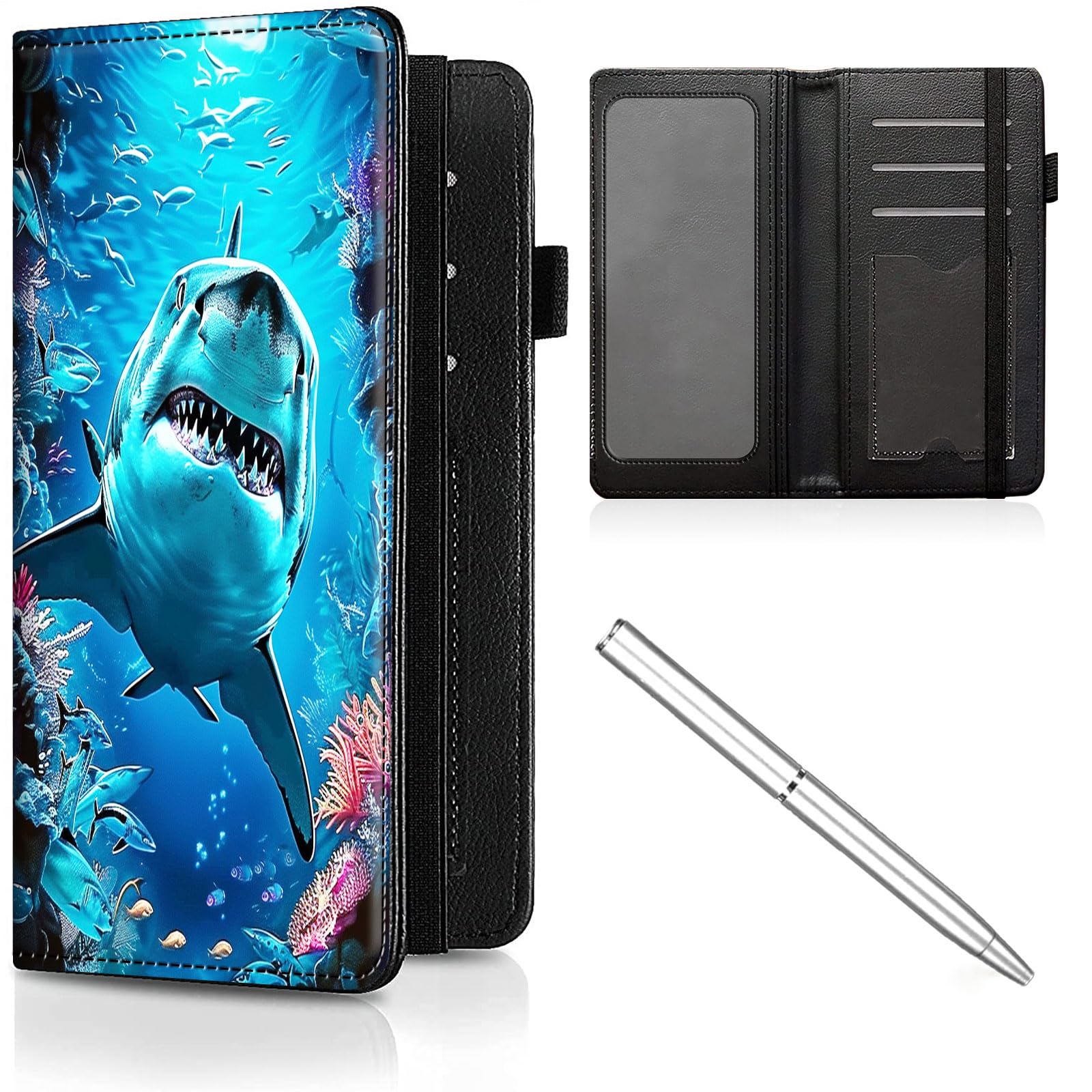 CheckBook Cover for Women Men,Leather RFID Blocking Check Book Wallet,Personal Checkbook and Register,with Credit Card Slot & Elastic Strap and Women's Checkbook Covers,Fish Ocean/Shark-545