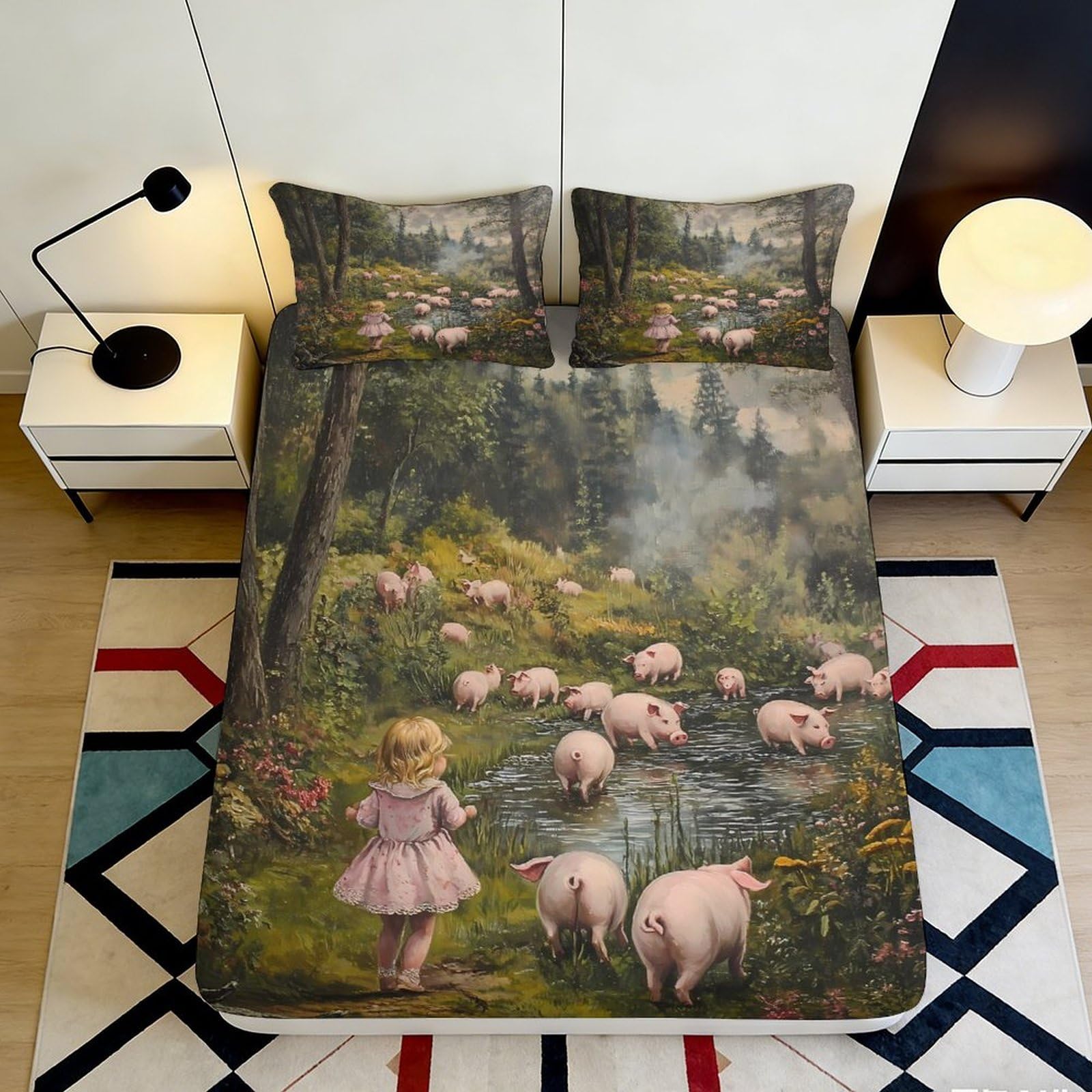 3D Printed Pastoral Sheep Fitted Sheet Microfiber Deep Pocket Non-Slip Bedroom Bedding Pastoral Mattress Fitted Cover Washable for Adults 160x200x25cm