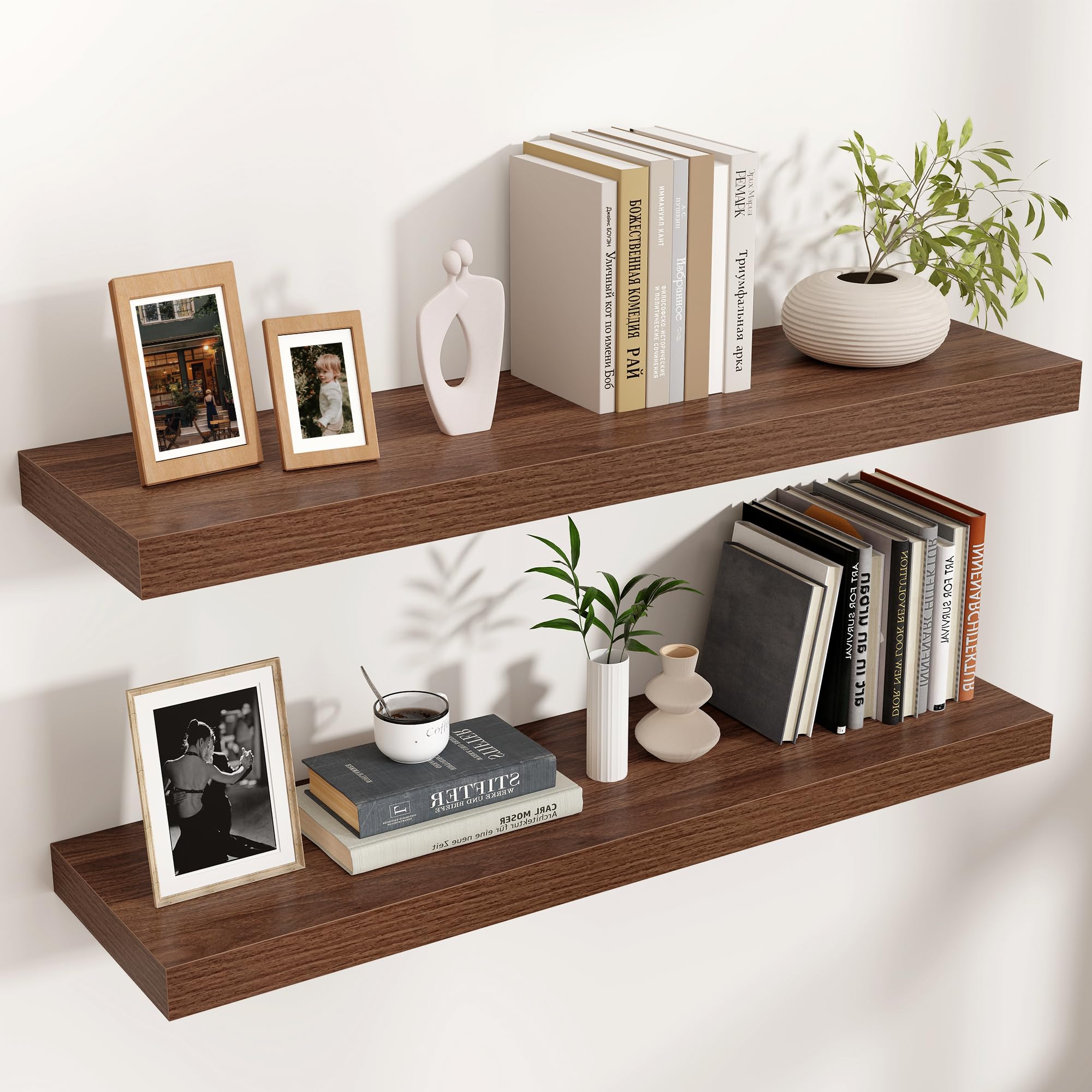 Floating Shelves for Wall, 2 Large Wall Mounted Shelves with Invisible Brackets, Long Wood Floating Wall Shelf Shelves for Living Room, Bedroom, Kitchen, (Walnut, 36" W x 9" D x 1.5" H)