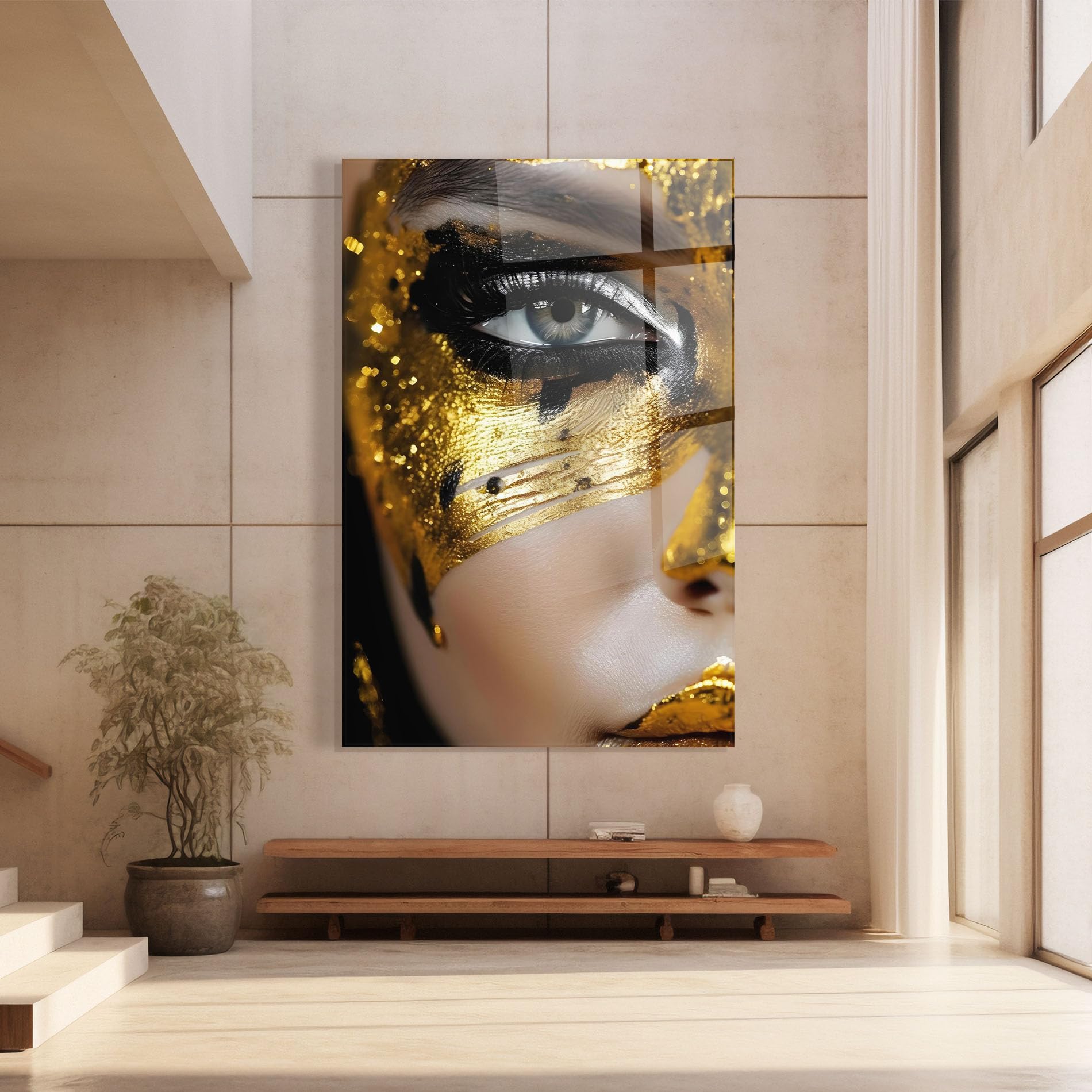 ARTHUB® Moderne impression sur verre 60x80 cm, 4mm verre trempé | Tableau en verre salon et chambre, Décoration murale moderne, Décoration intérieure, femmes, Black Gold Eyeliner