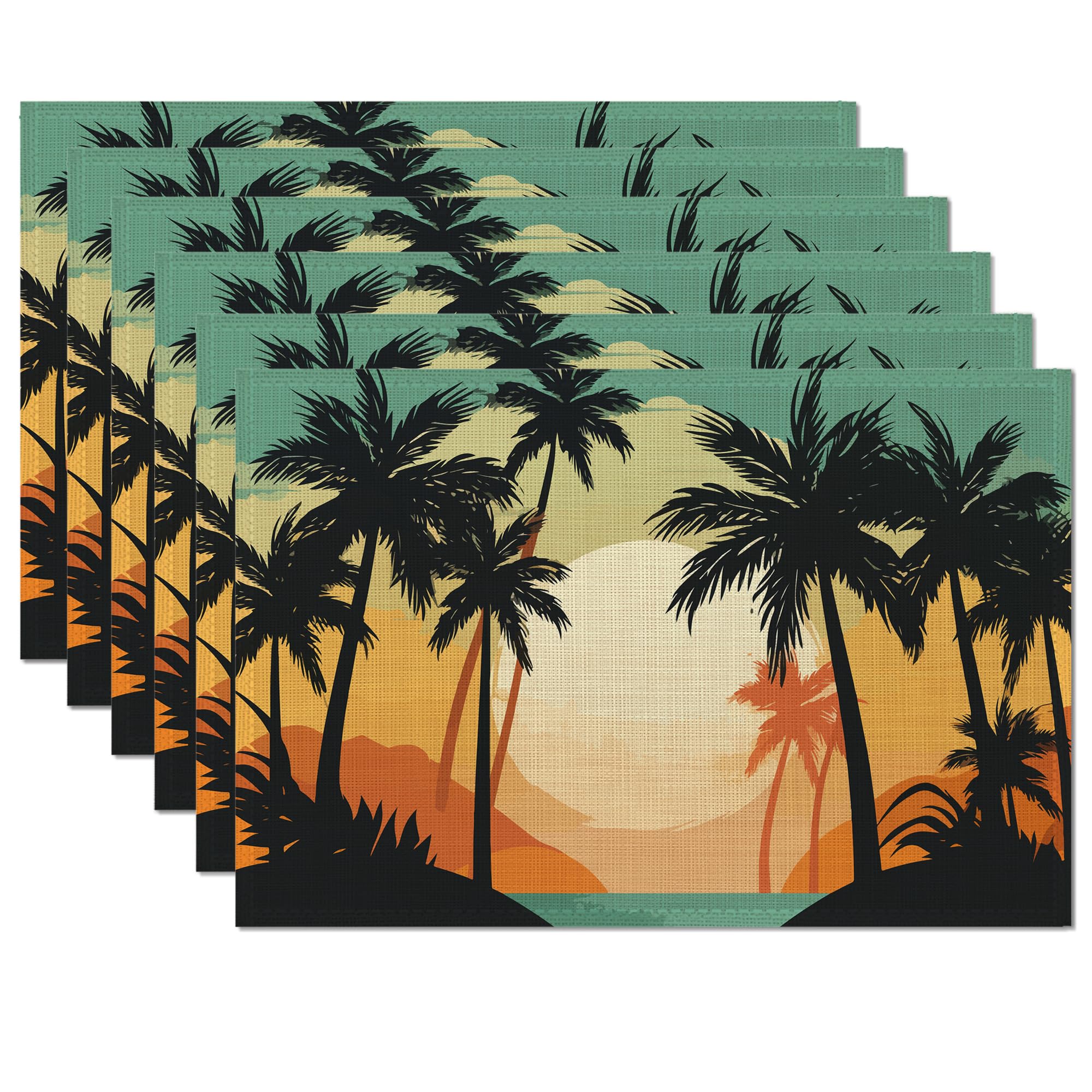 Summer Beach Palm Trees Placemats Set of 6,Table Mats Non-Slip Heat Resistant Washable Placemat for Party Kitchen Dining Table Decoration Indoor Outdoor