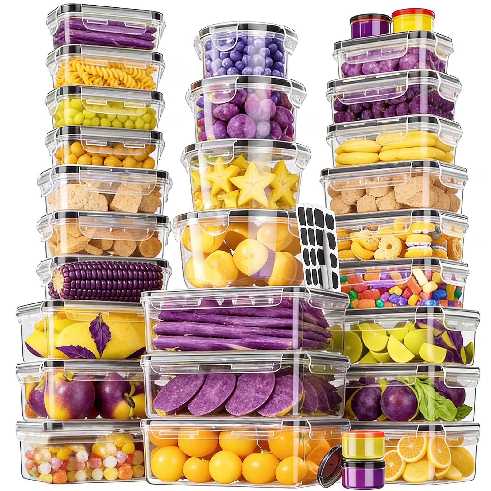 Set di 30 contenitori per alimenti con coperchio, ermetici, a prova di perdite, per cucina, preparazione dei pasti, senza BPA, in plastica senza PVC, adatti a microonde/lavastoviglie, etichette