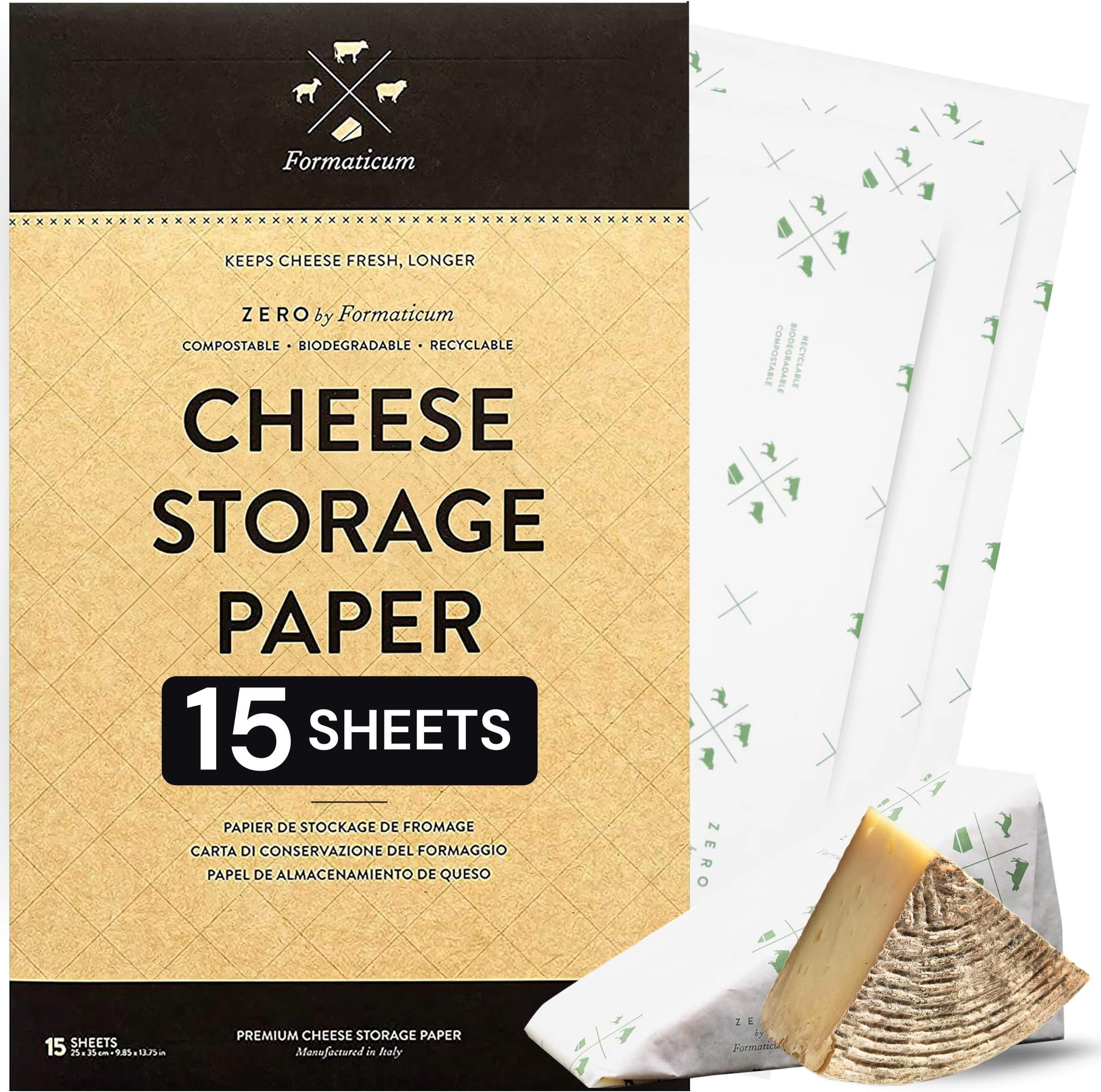Formaticum 15-Pack Zero Cheese Storage Paper, Compostable, Biodegradable, and Plastic-Free Paper to Keep Cheese and Charcuterie Fresh, Kitchen Organization 9 x 13 Inches