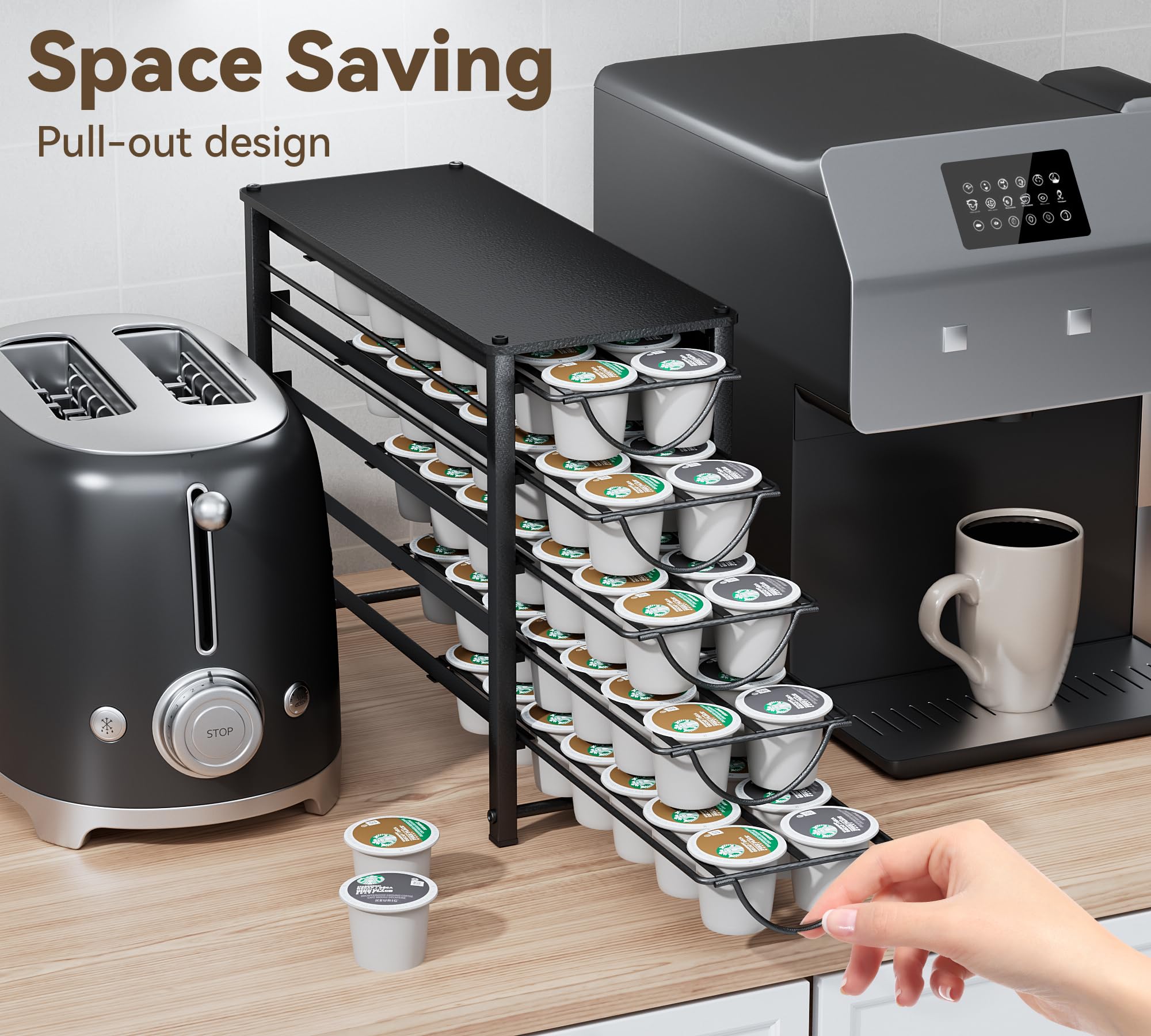 HFHOME Porta cialde da bancone, compatibile con K-Cups, cassetto in metallo a 5 ripiani, organizer per 70 cialde per bancone del caffè, casa, ufficio o cucina, rack per 3 tazze, nero