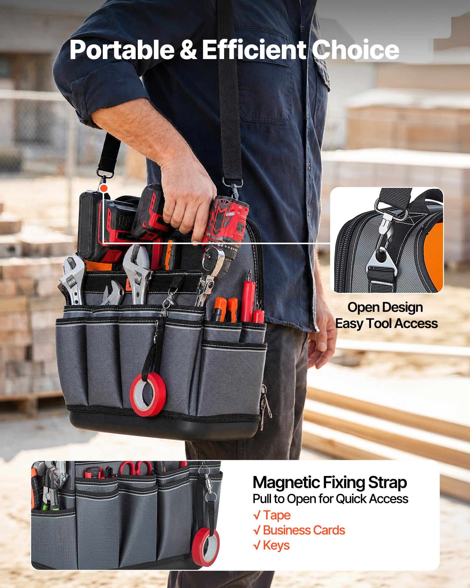 VEVOR Borsa Portautensili Aperta 335 mm, 39 Tasche, Organizer Portatile per Attrezzi con Base Rigida in Plastica, Resistente all'Acqua, Tracolla Regolabile, per Professionisti, Fai da Te e Cantiere
