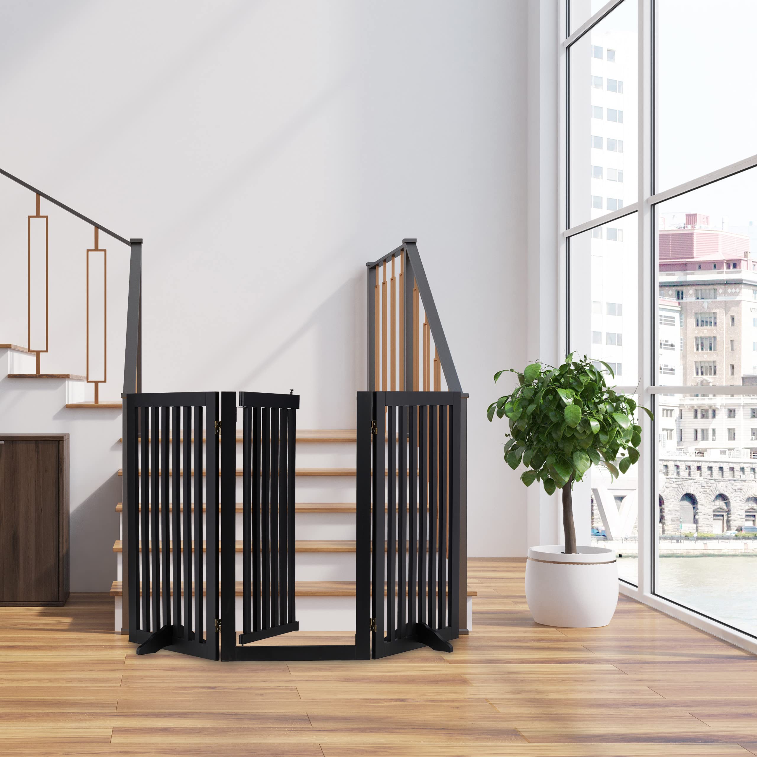 Relaxdays Barrera Seguridad Niños, Valla Protectora con Puerta, para Escaleras, 92x154cm, Plegable, sin Taladrar, Negro