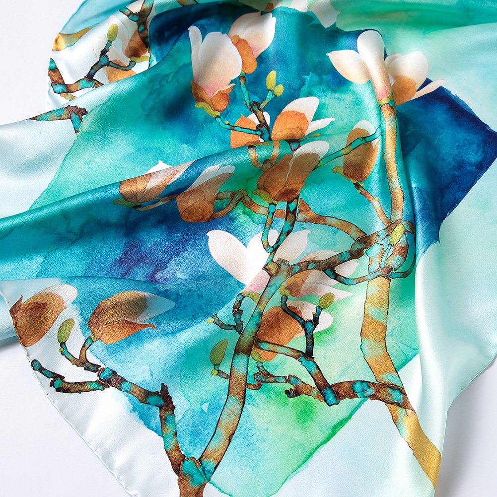 STORY OF SHANGHAI Sciarpa di 100% Seta Charmeuse da Donna Foulard a Raso con Fantasie Orientale, 56x177cm