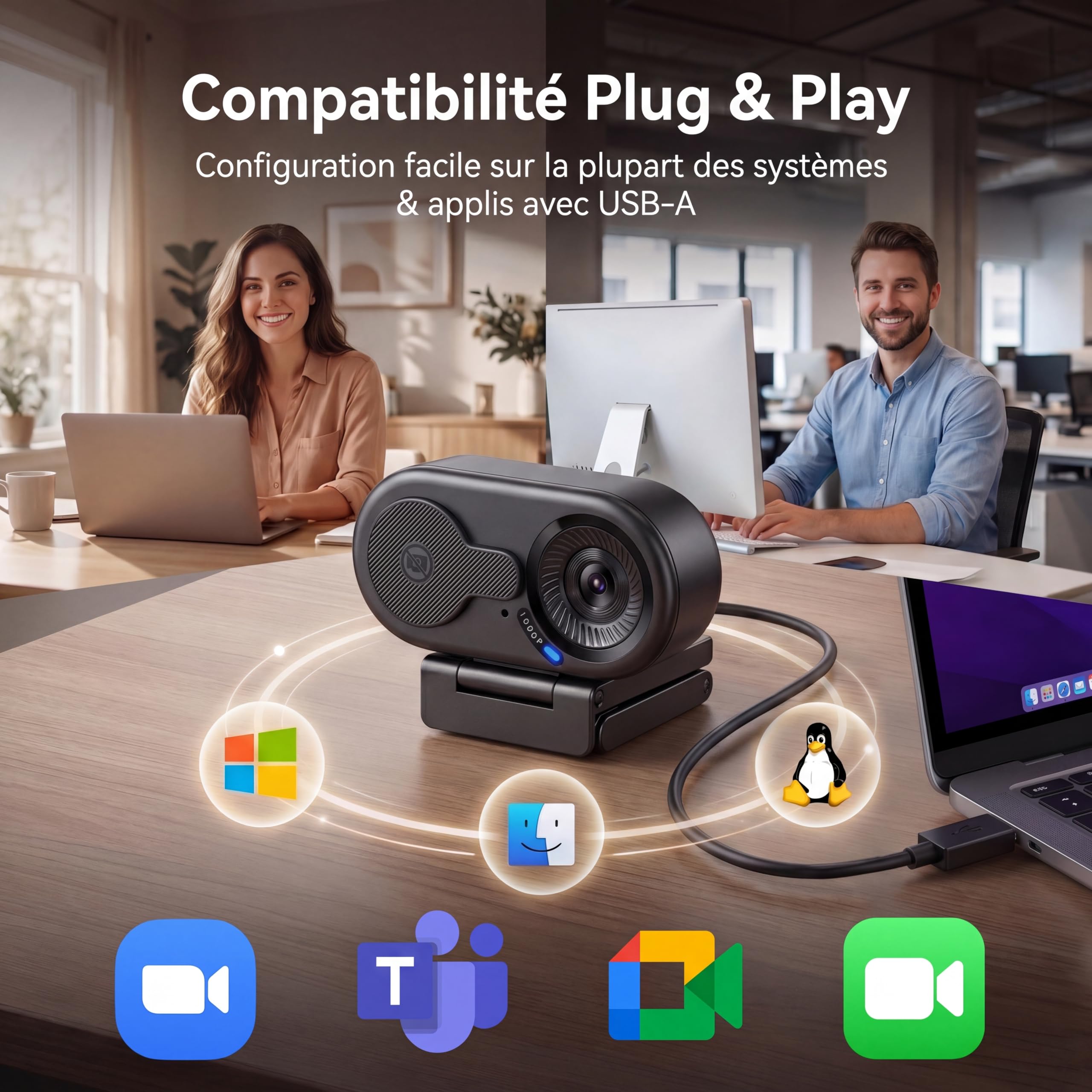 eMeet Webcam 1080P pour PC, C100 Webcam pour Ordinateur Portable avec Microphone, Web cam HD avec Cache-Objectif, Caméra d'Ordinateur 66°, Plug&Play, Caméra USB pour OBS/Twitch/Youtube/Windows/Mac
