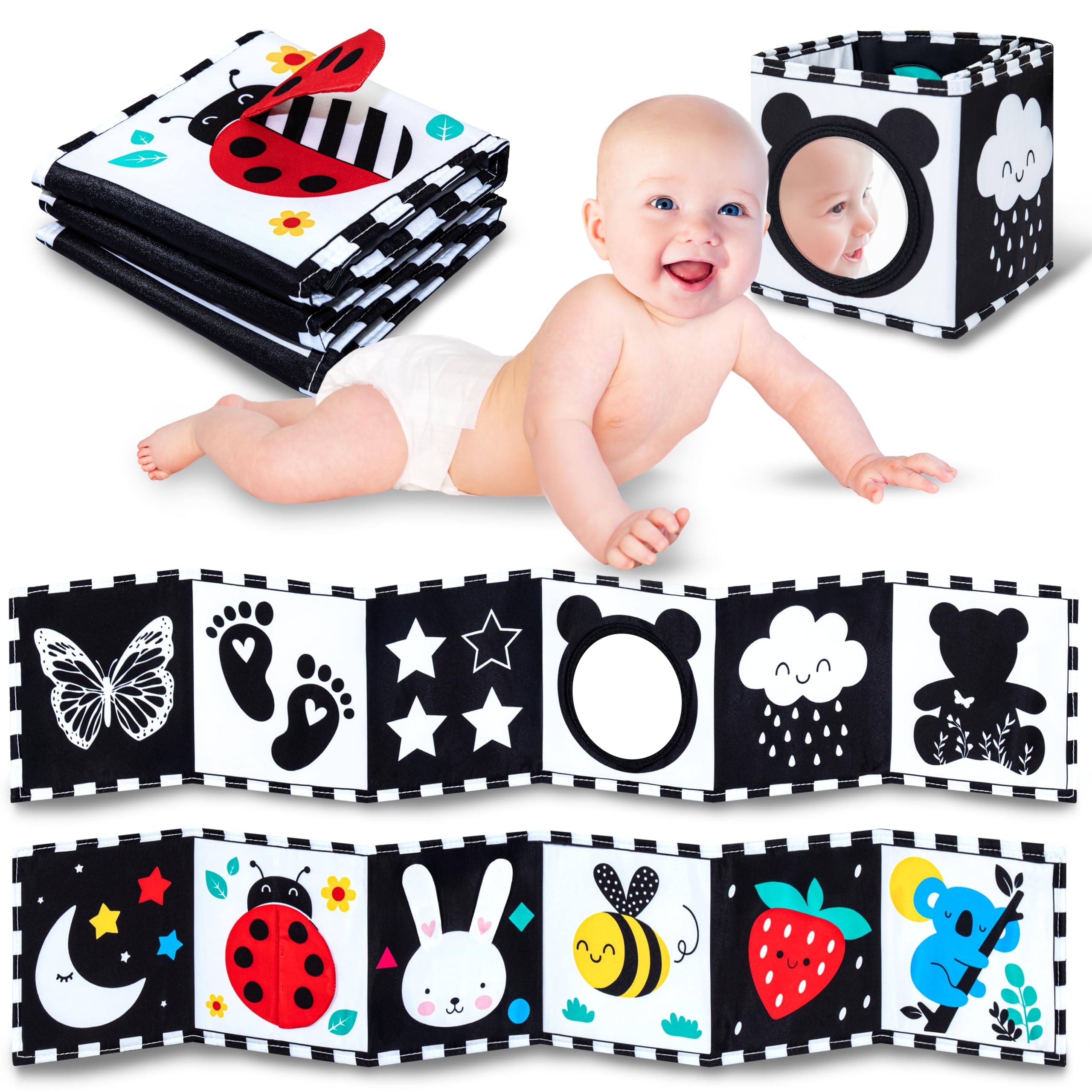 WELLODE Livre Tissu Bébé Eveil 0 3 6 12 Mois - Livre Noir et Blanc Bébé Montessori - Livre Sensoriel Bébé Naissance - Jeux Eveil Bebe 0 3 6 Mois - Tummy Time Bébé - Cadeau Parfait pour Bébé