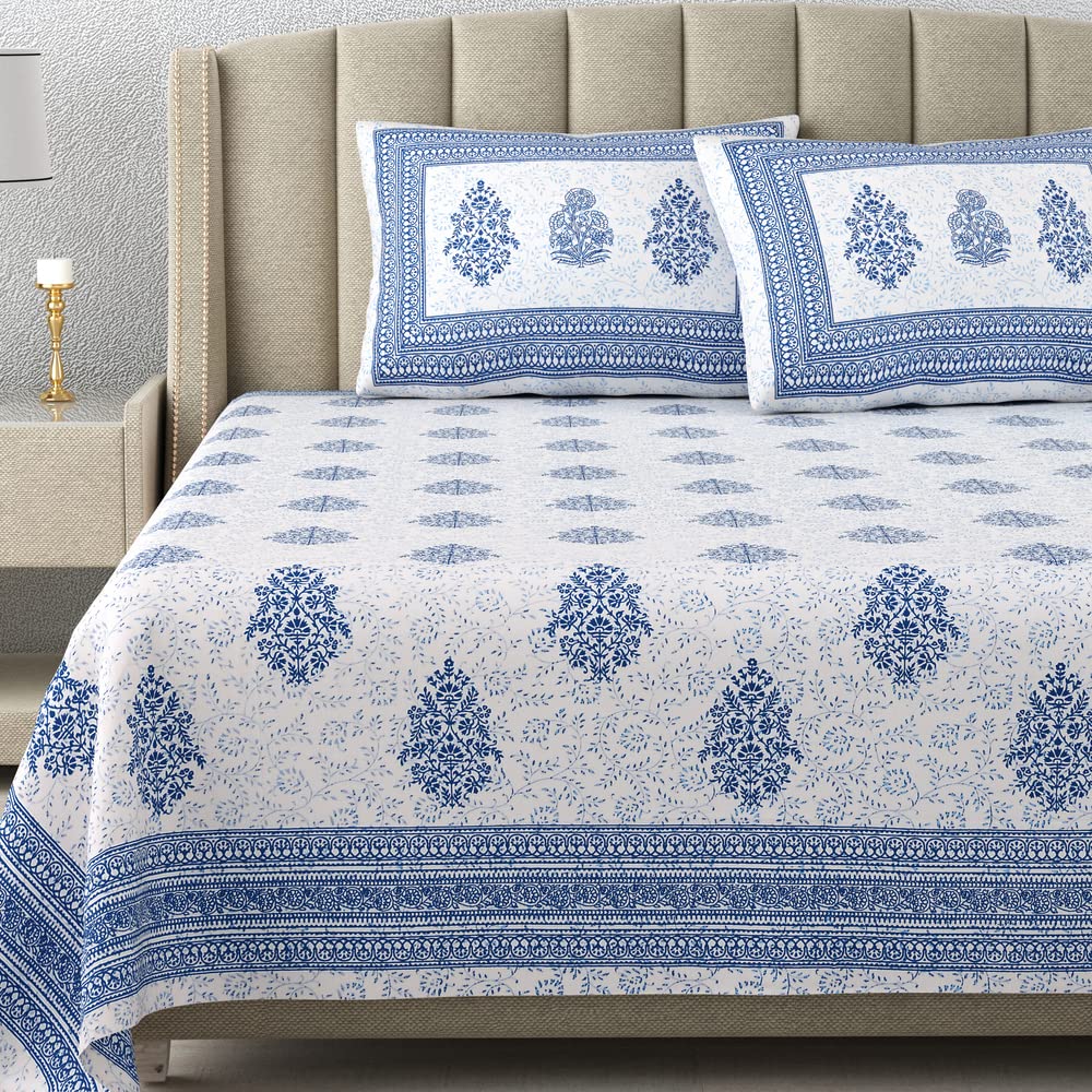 DE CAMA Since 1997 | 100% Cotton 300 TC Premium King Size Bedsheet for Double Bed (90 x 108 Inch) with 2 Pillow Covers Set (17 x 27 Inch) Designer Printed Bedsheet Set - Blue-image-4