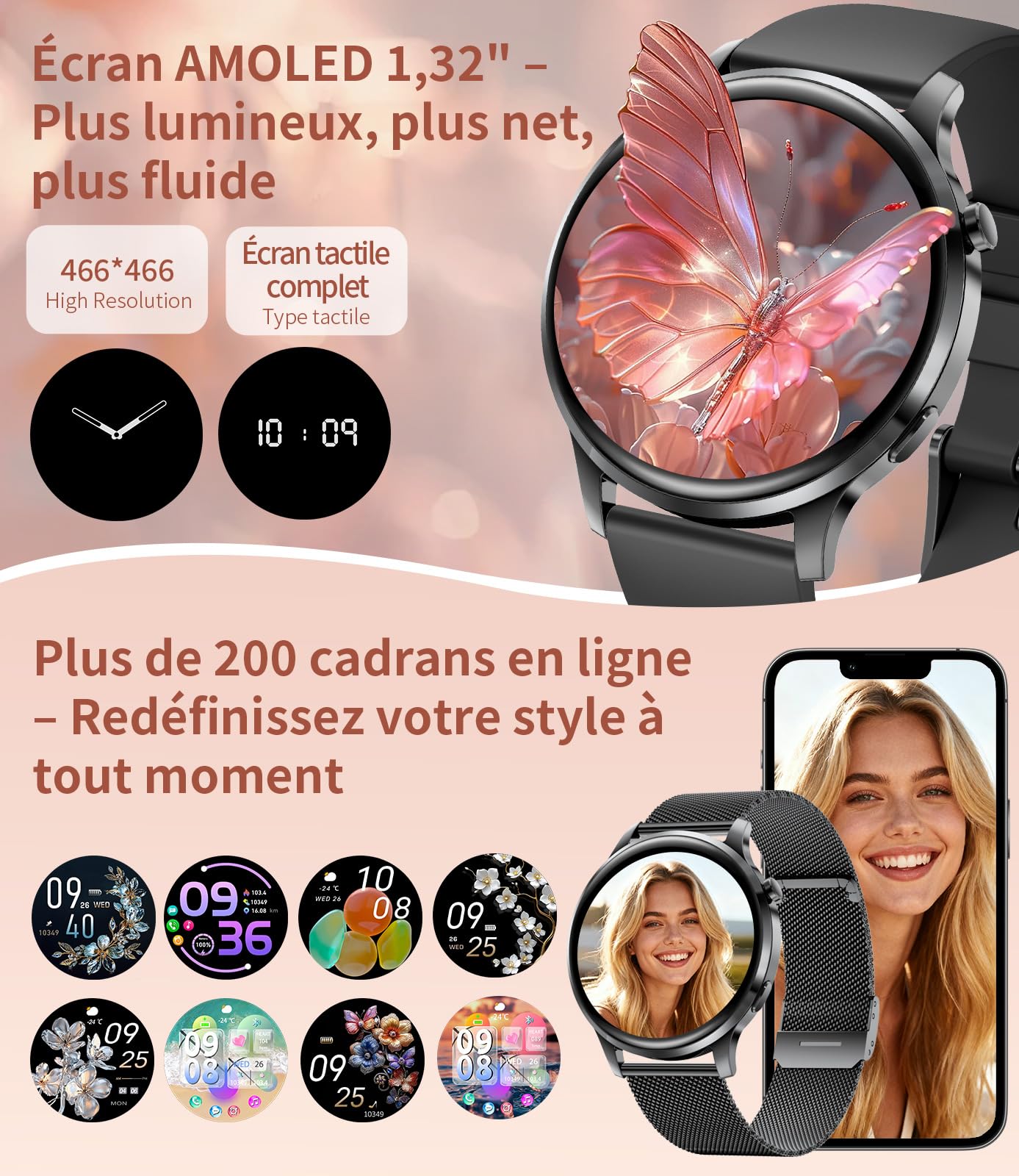 Montre Connectée Femme Smartwatch Sport: 1.32" AMOLED Smartwatch avec Appel Bluetooth, 110 Modes Sportifs, Santé Au Féminin/Fréquence Cardiaque/Sommeil, IP68 Fitness Montre Femmes pour iOS Android