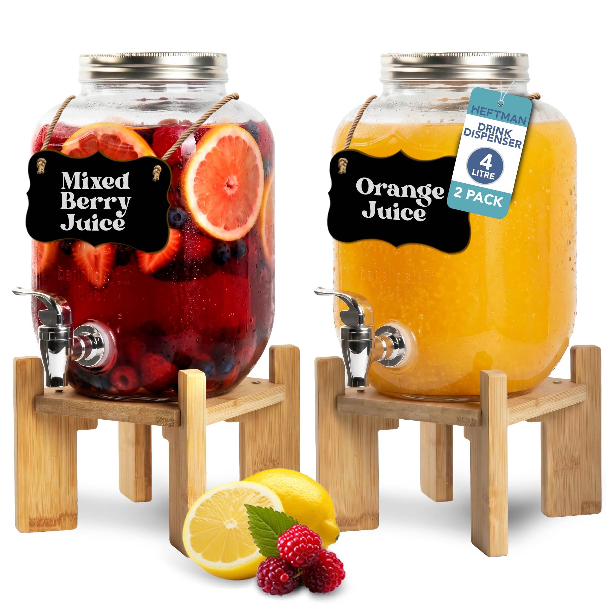 HEFTMAN Dispenser per bevande in vetro con rubinetto, 2 x 4 litri, vuoto, con robusto supporto in bambù, per acqua, succhi, cocktail, limonata