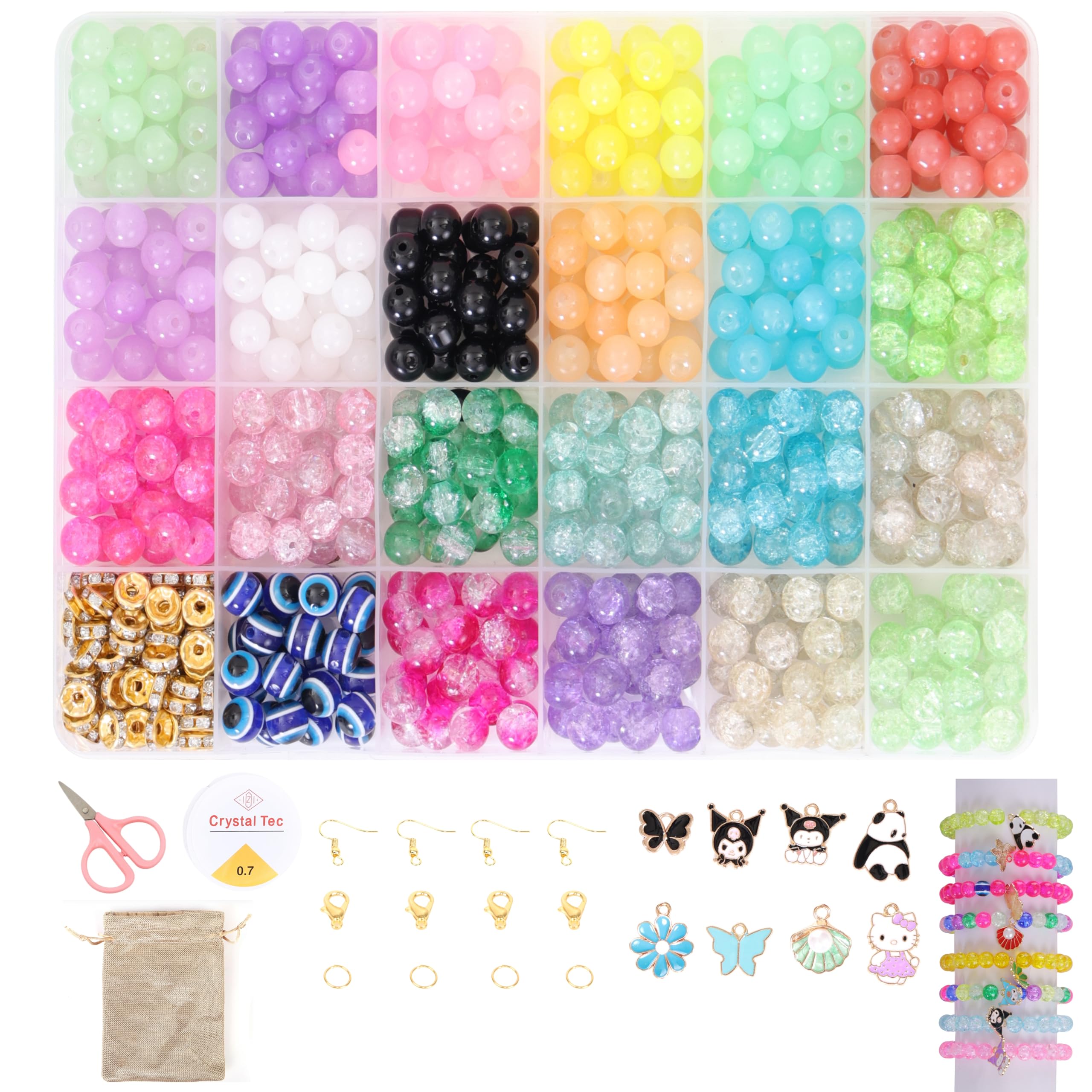 Children Jewelry Making Craft Bracelet Kits set for Kids - DIY 24 Compartment Box, 400+ Colorful Beads, Ear Hangings, Lobster Locks & Rings , 8 Pcs of Charms With Accessories - Birthday Gift for Girls 4 5 6 7 Years Packed in a sturdy corrugated box(Glass Beads Kit)