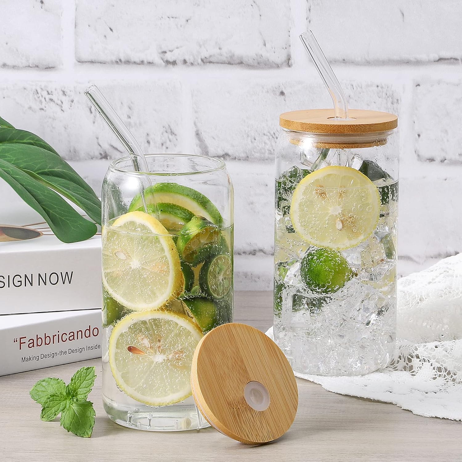 Glass Cups with Lid and Straw, 16oz Beer Glasses Glass Coffee Cups, Iced Coffee Cups with Lid, Glass Tumbler with Straw and Lid (8 PACK) - Image 4