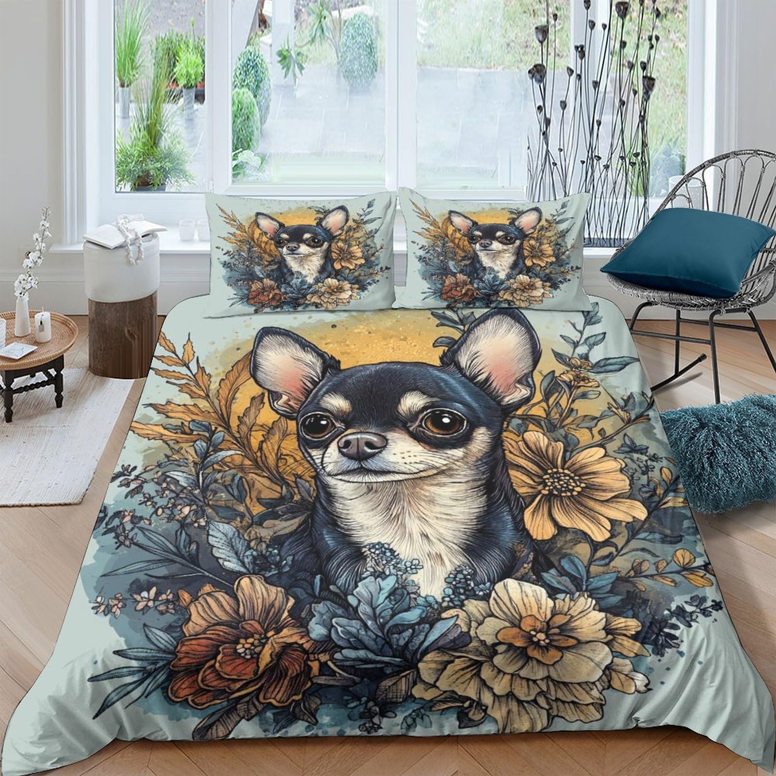 Ctjqhvkz Style-4 3D Printed Chihuahua Floral Fitted Sheet Microfiber Anti-Slip Bed Cover For Bedroom Guest Room Decor Easy Care Single（135X200cm）